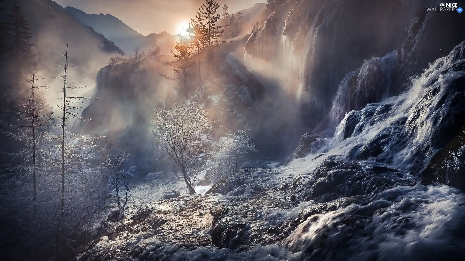 trees, viewes, waterfall, rays of the Sun, Mountains