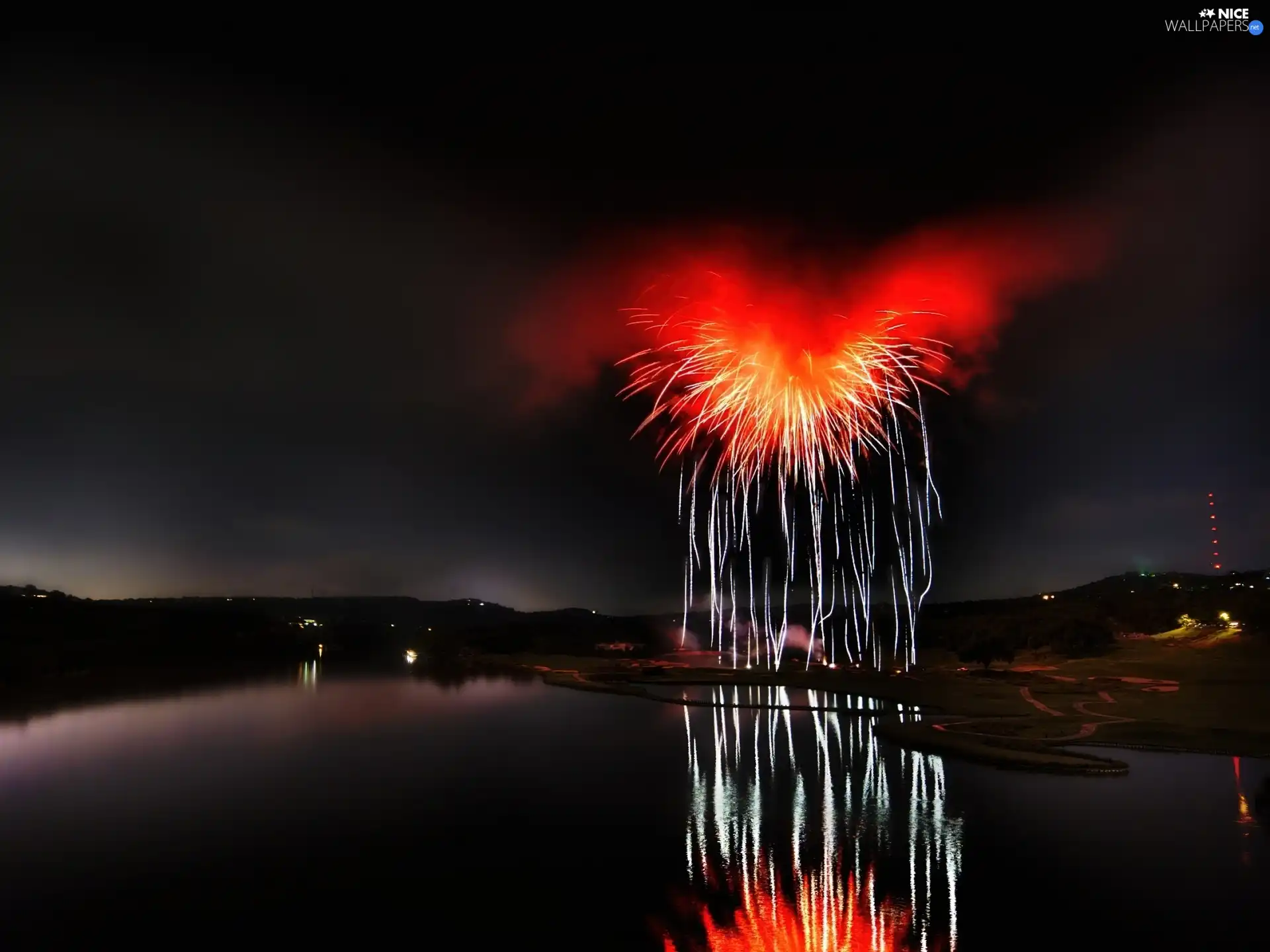 Red, fireworks, Field, Course, lake