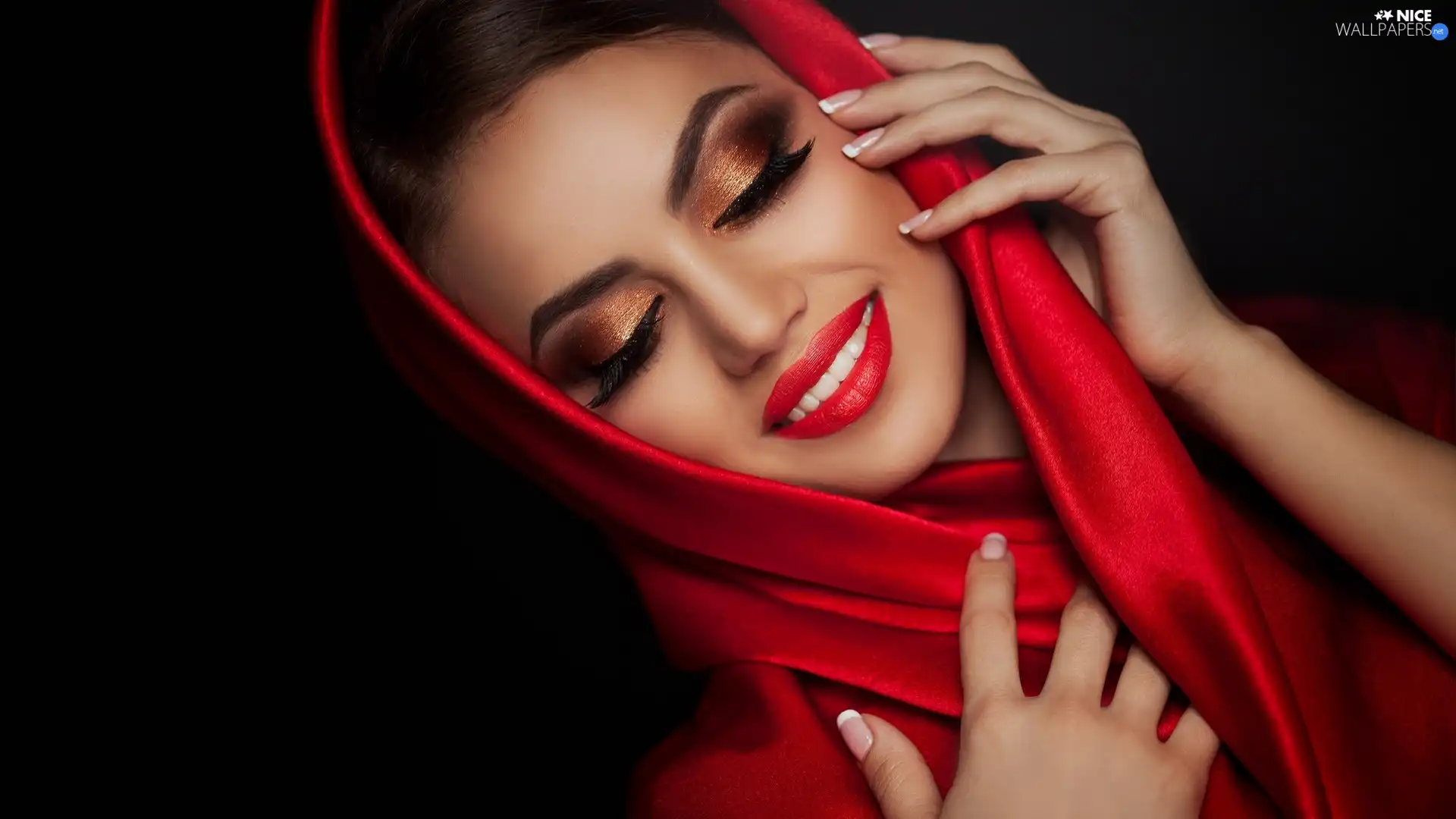 Women, shawl, Smile, Red