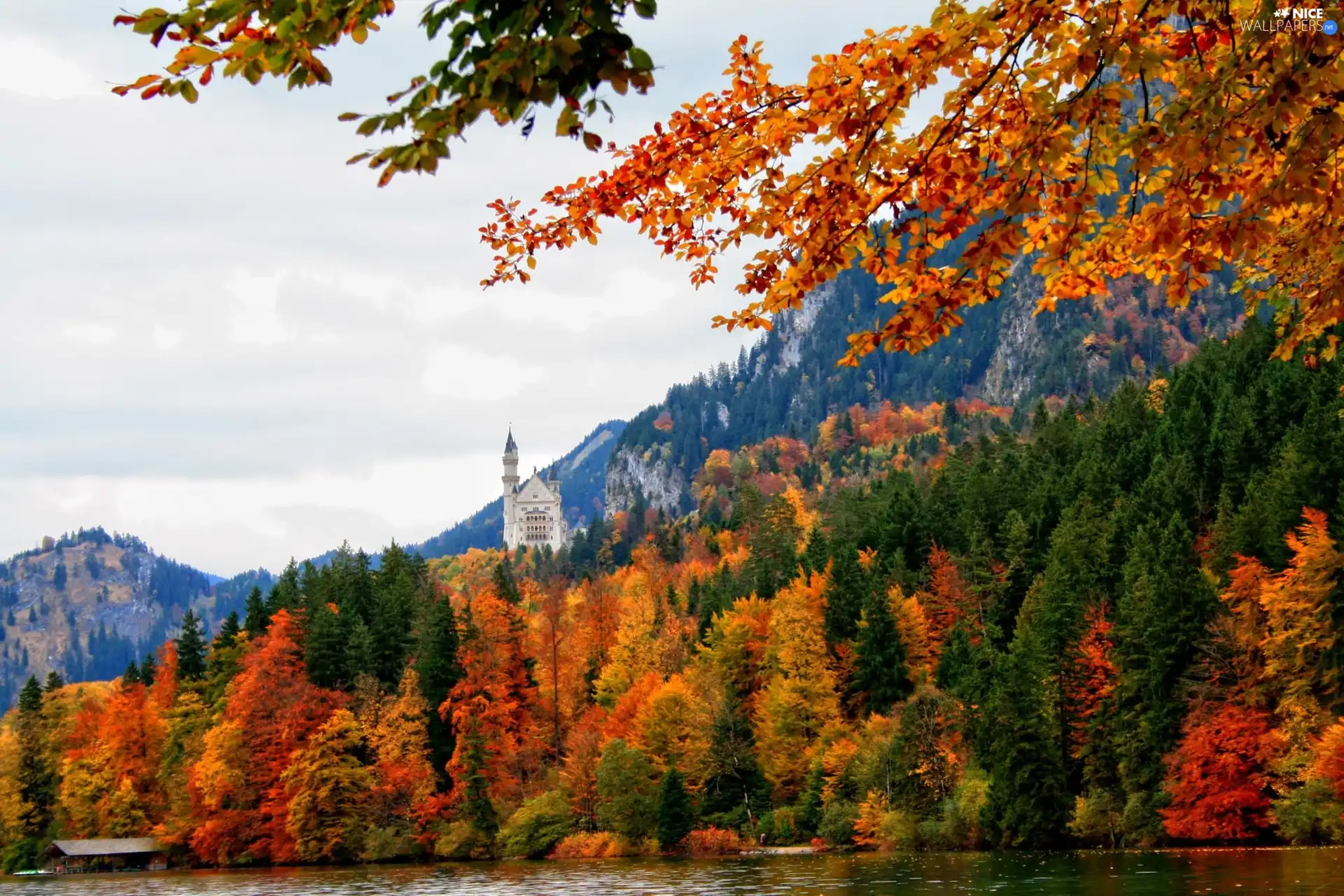 River, autumn, Mountains, woods, Castle