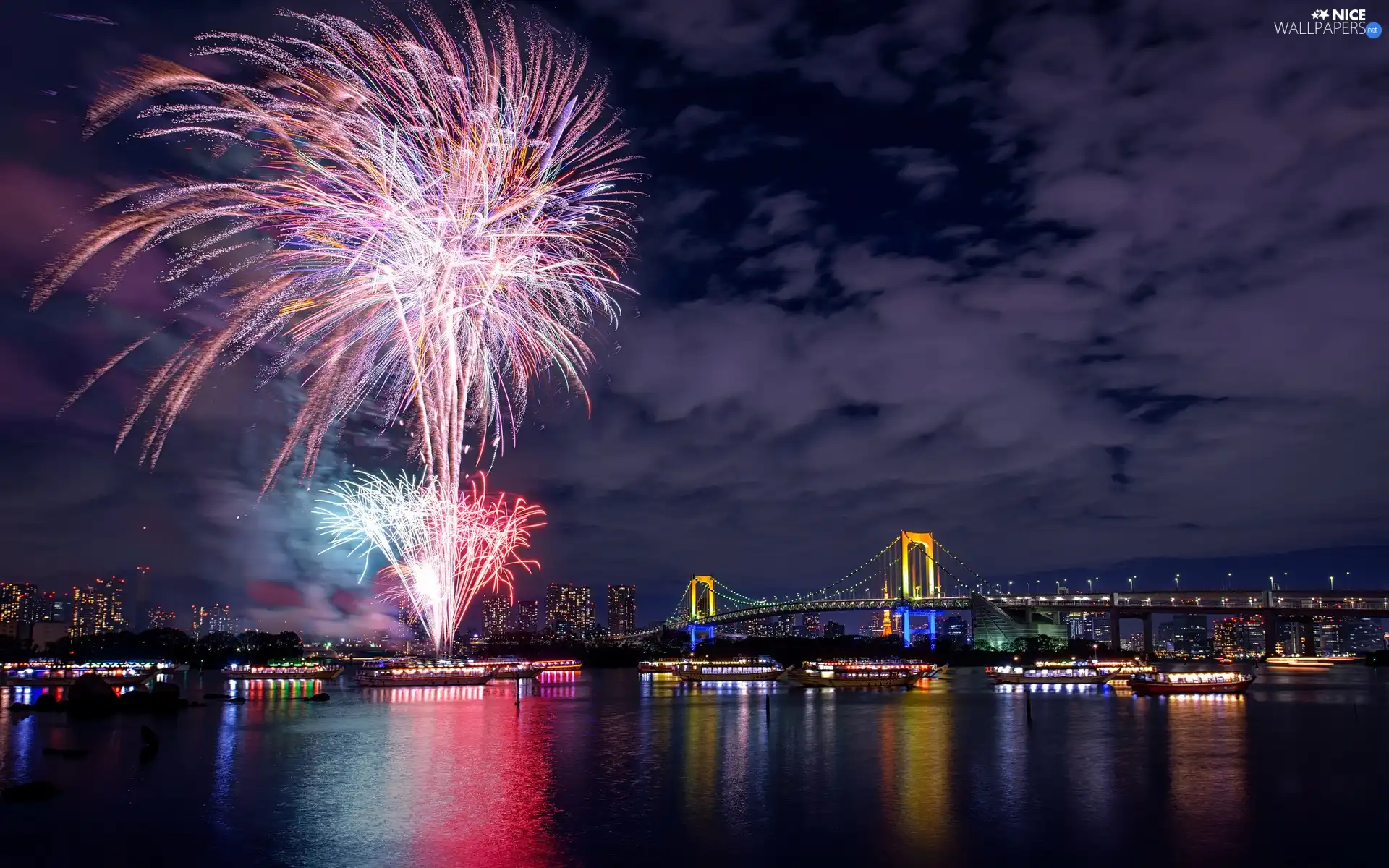 town, bridge, panorama, fireworks, New Year