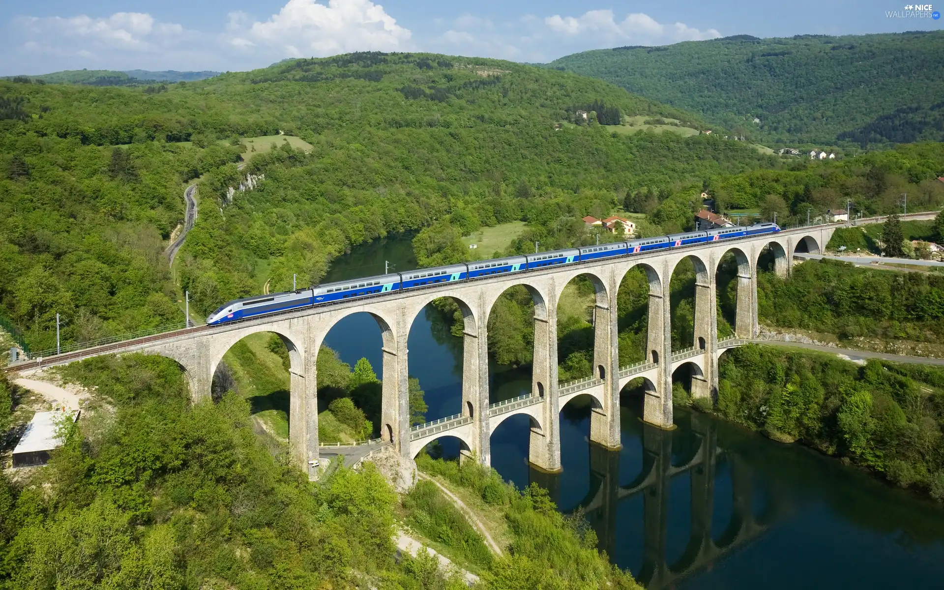 River, bridge, Train