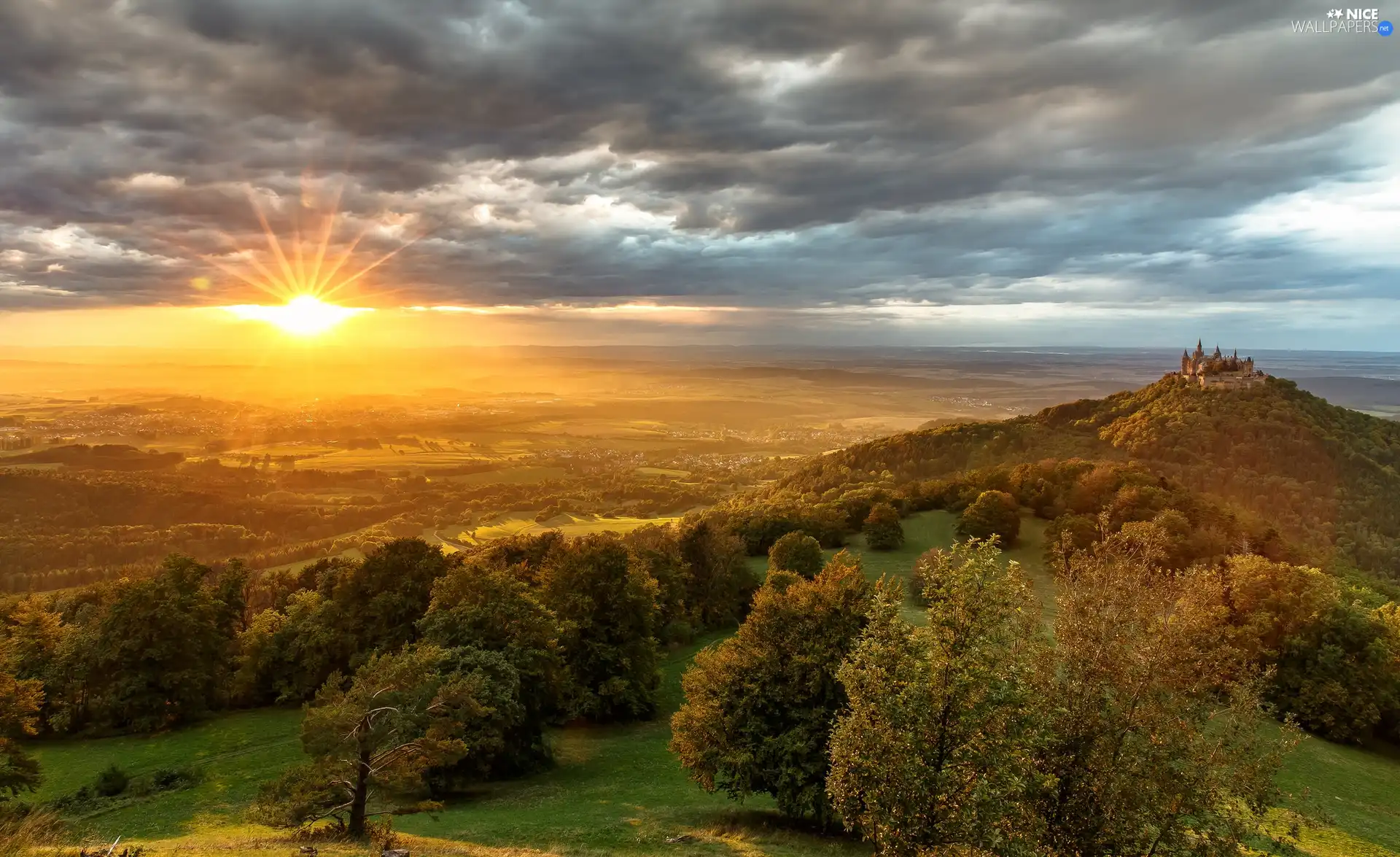 Hohenzollern Castle, Hohenzollern Mountain, trees, viewes, Baden-Württemberg, Germany, clouds, The Hills, Sunrise