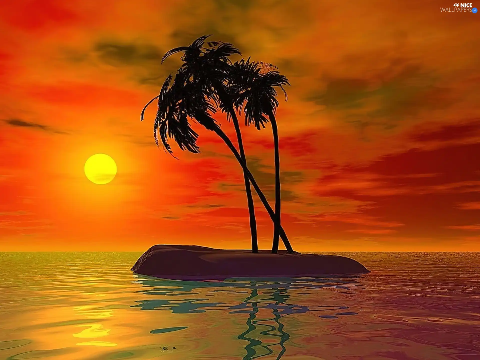 sea, graphics, Palms, sun, Island