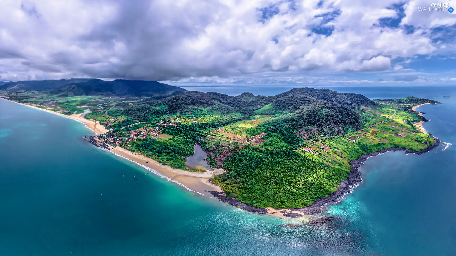 Island, Aerial View, Sky, clouds, sea, Mountains
