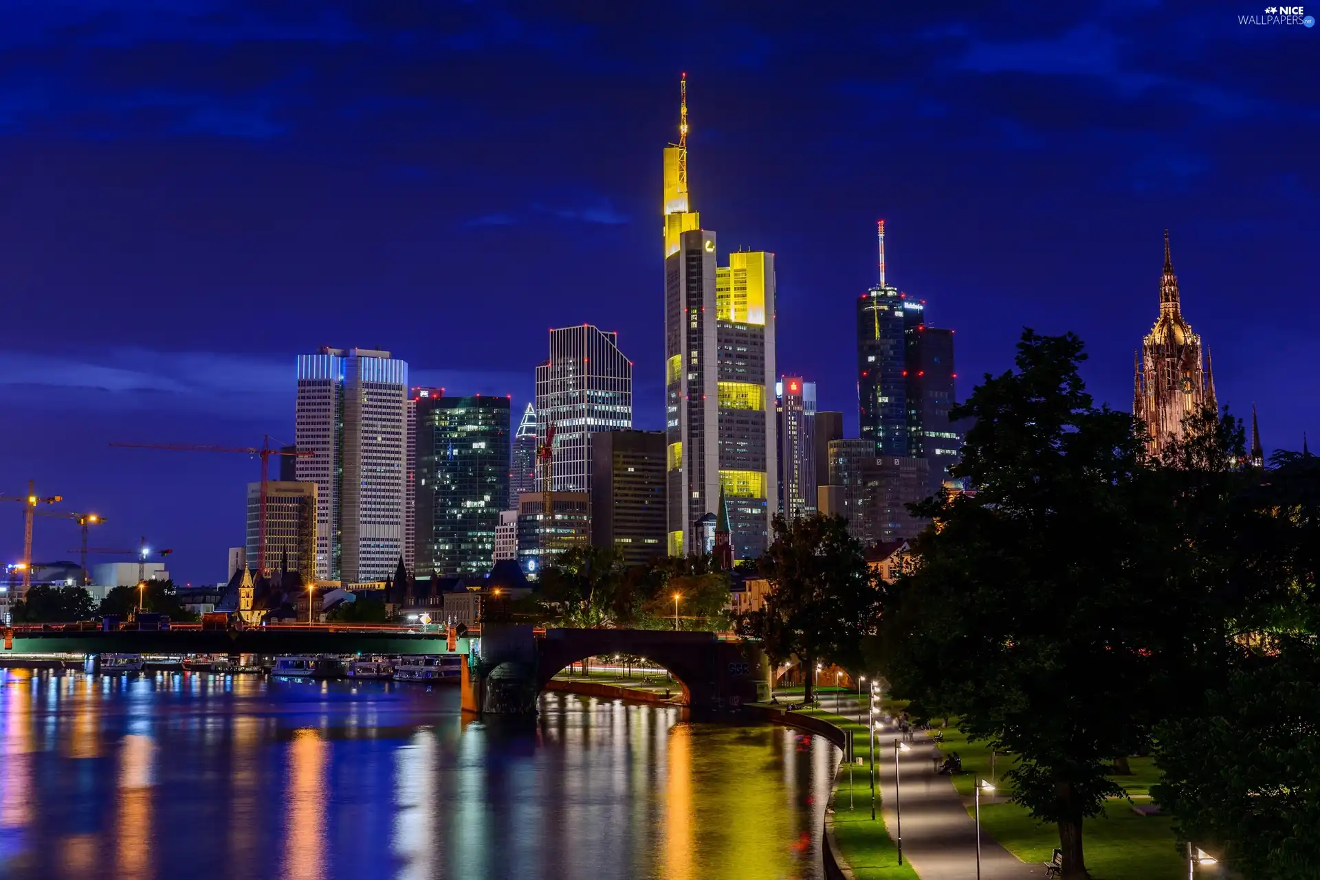 skyscrapers, bridge, Frankfurt, Germany, City at Night, River