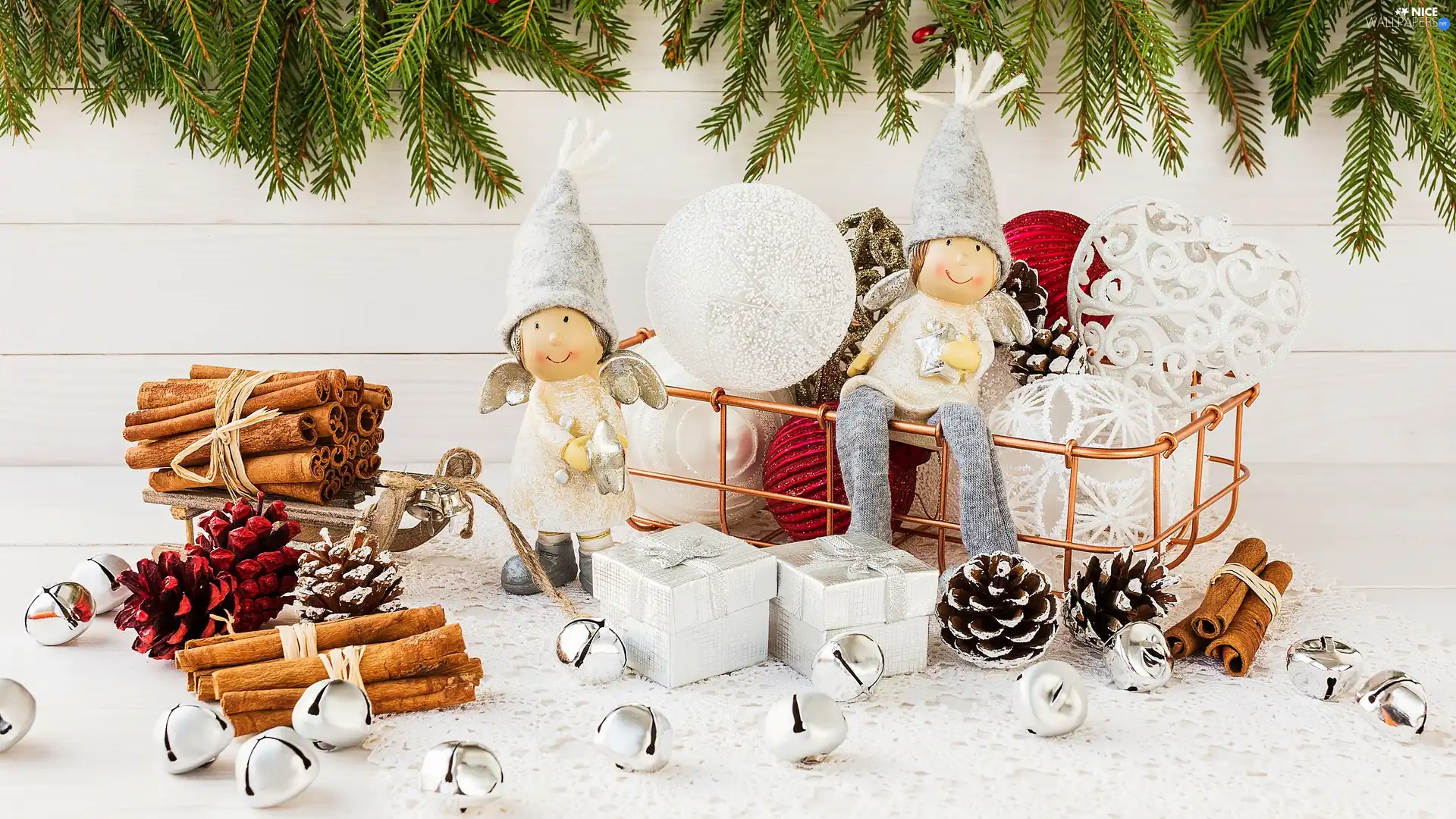 cones, cinnamon, composition, sledge, angels, Christmas, basket, Twigs, boarding, baubles, Two cars, gifts