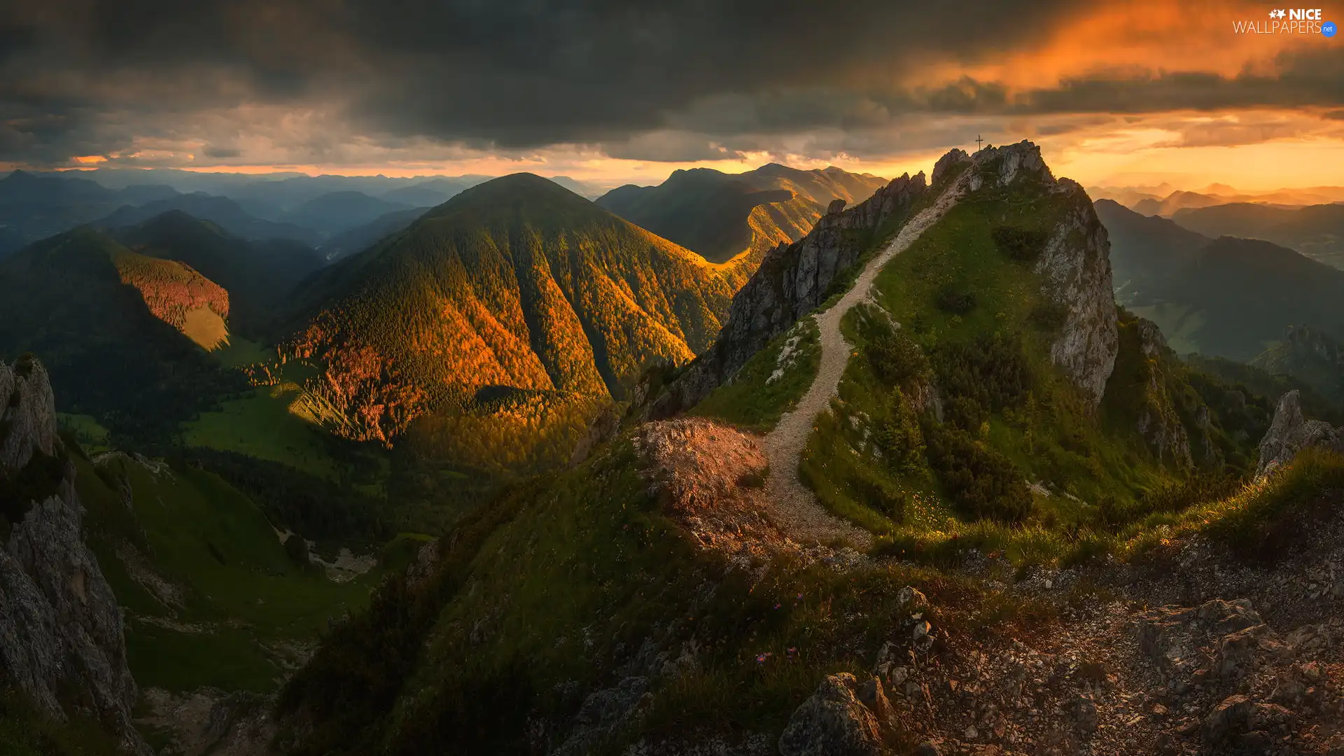 peaks, Slovakia, Way, illuminated, Mountains
