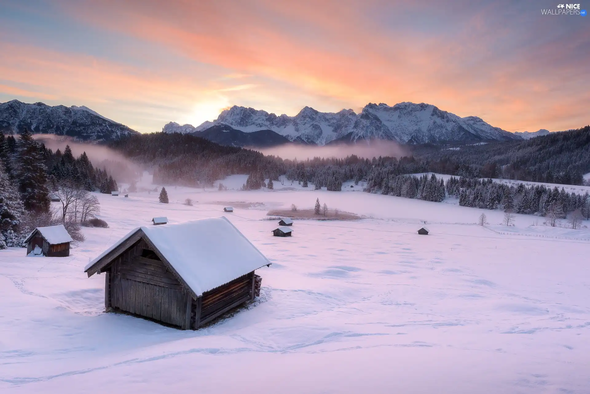 Bavaria, Germany, Krun City, Alps Mountains, snow, Houses, viewes, winter, trees