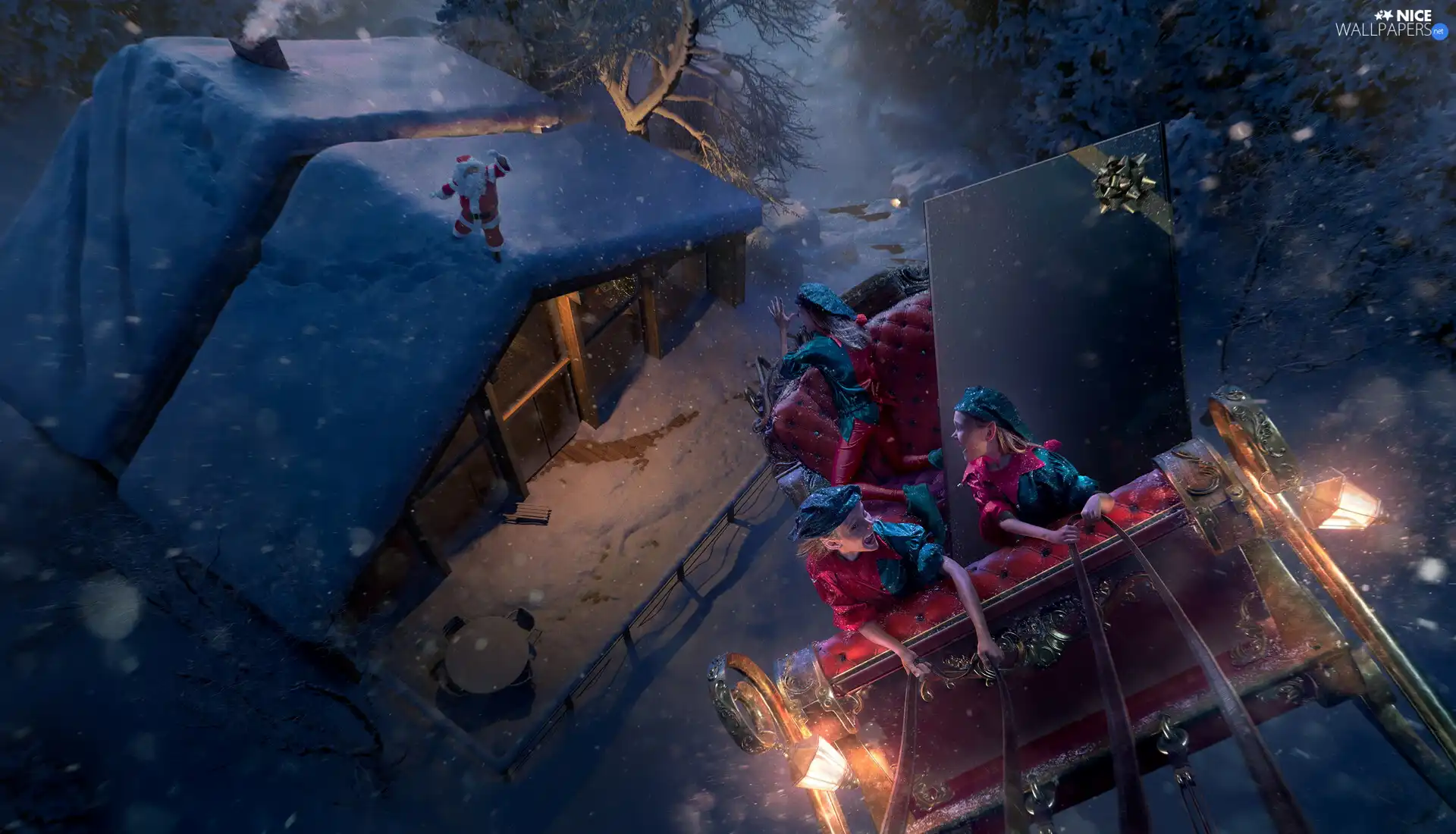 snow, house, Present, the roof, Kids, Night, Santa, sleigh