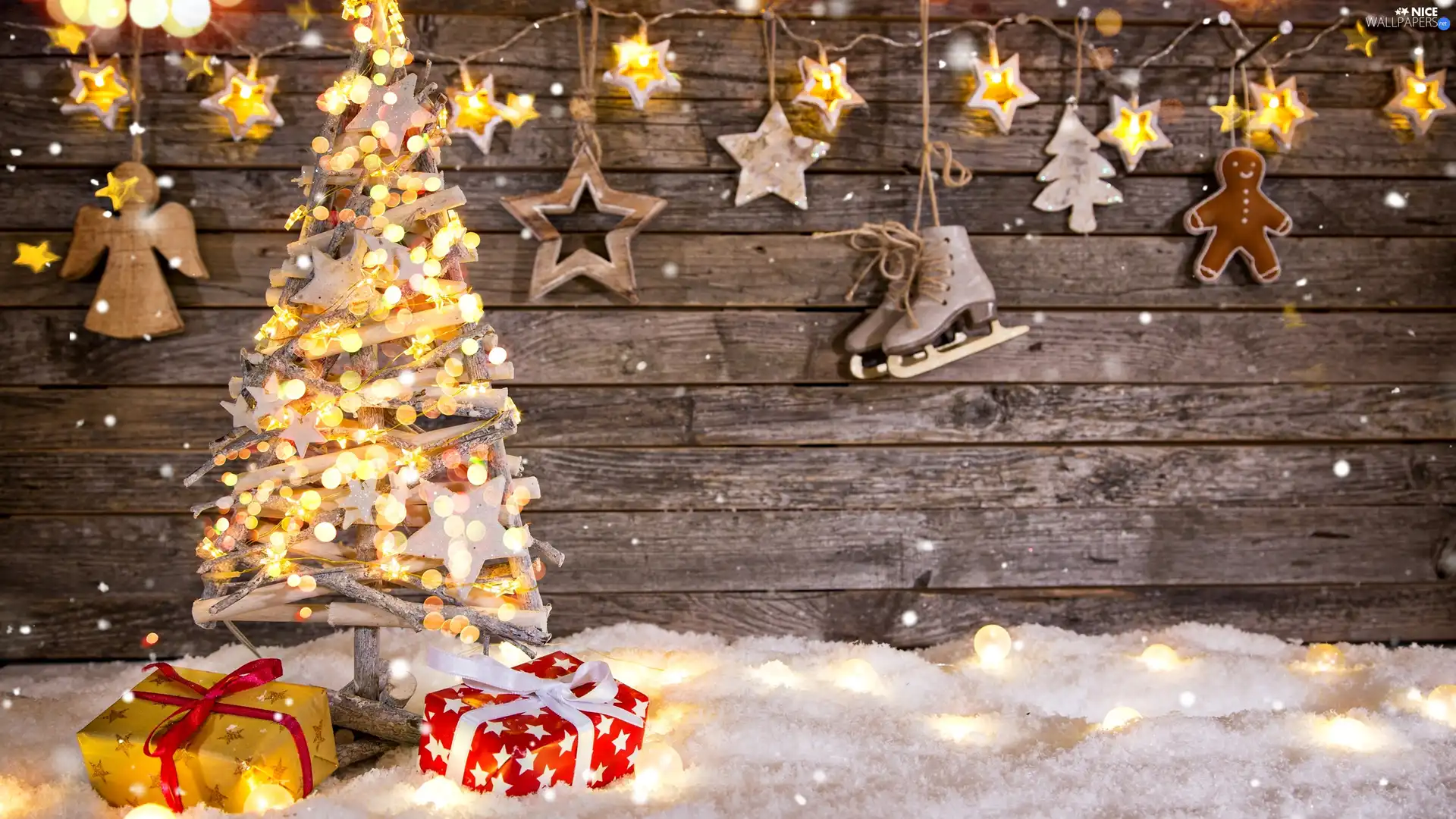 gifts, Christmas, Stars, snow, Skates, christmas tree