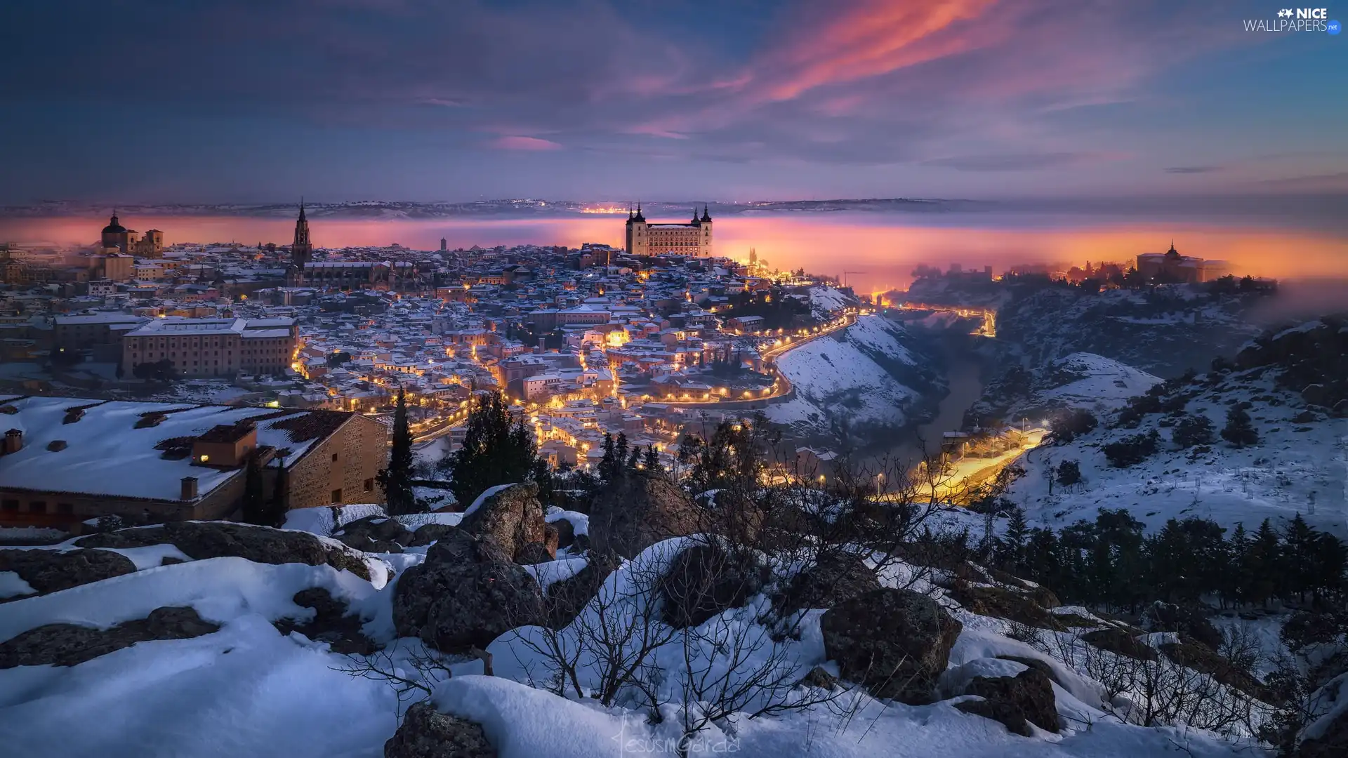Tag River, Houses, Toledo, light, Town, winter, Spain