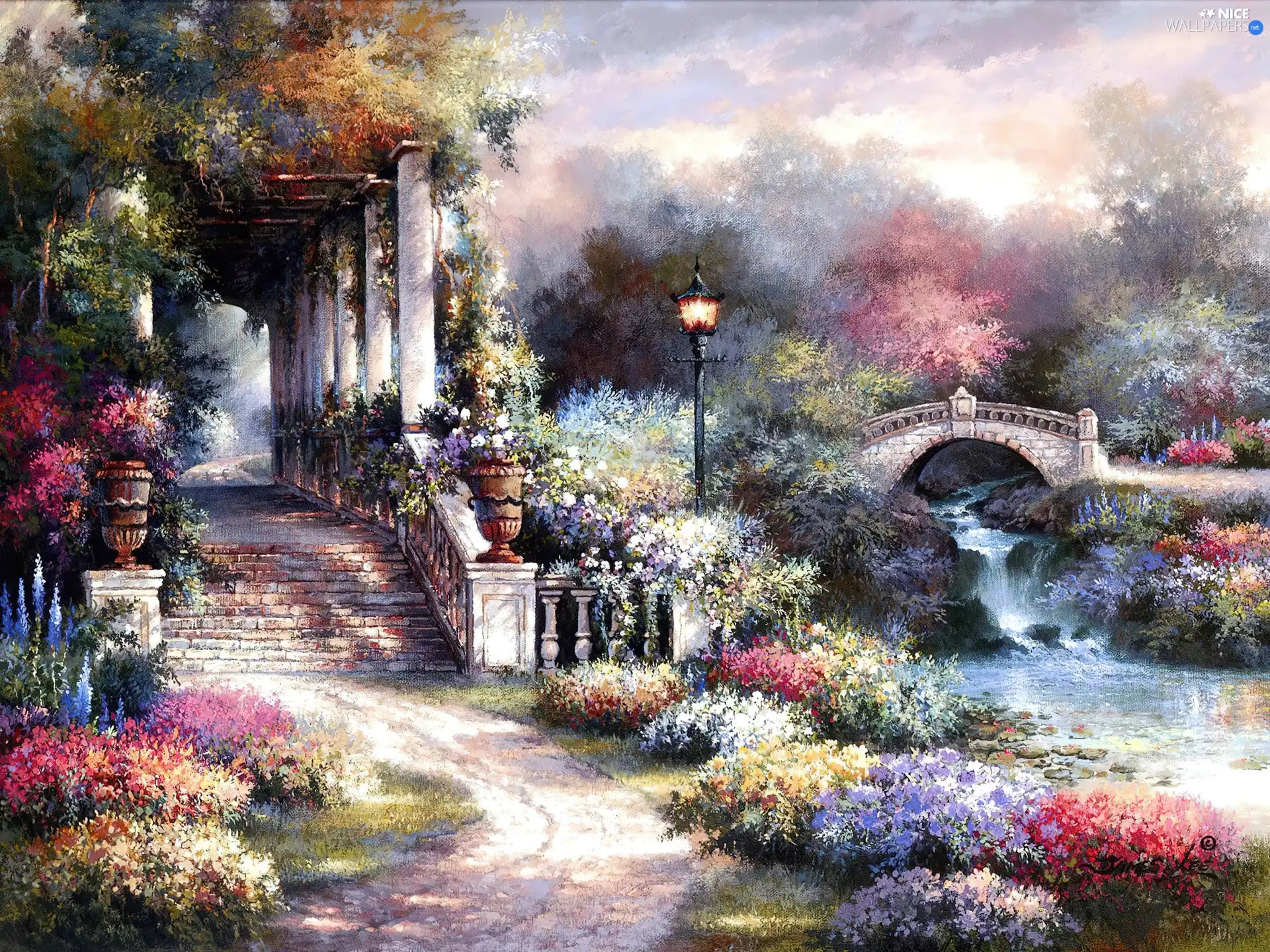 brook, picture, Flowers, James Lee, Stairs, bridges
