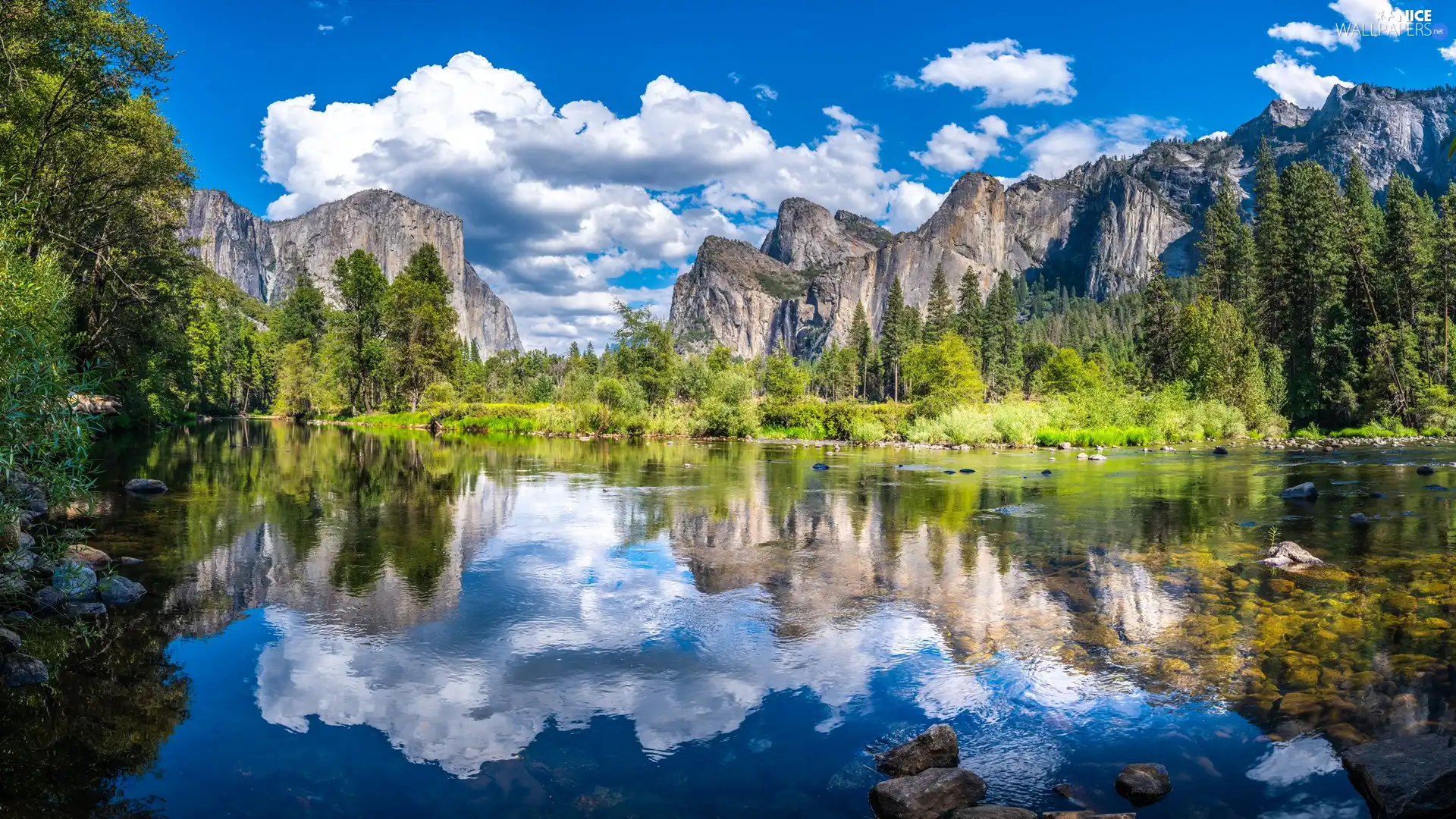 State of California, The United States, Yosemite National Park, Merced River, Sierra Nevada Mountains, clouds, trees, viewes, reflection
