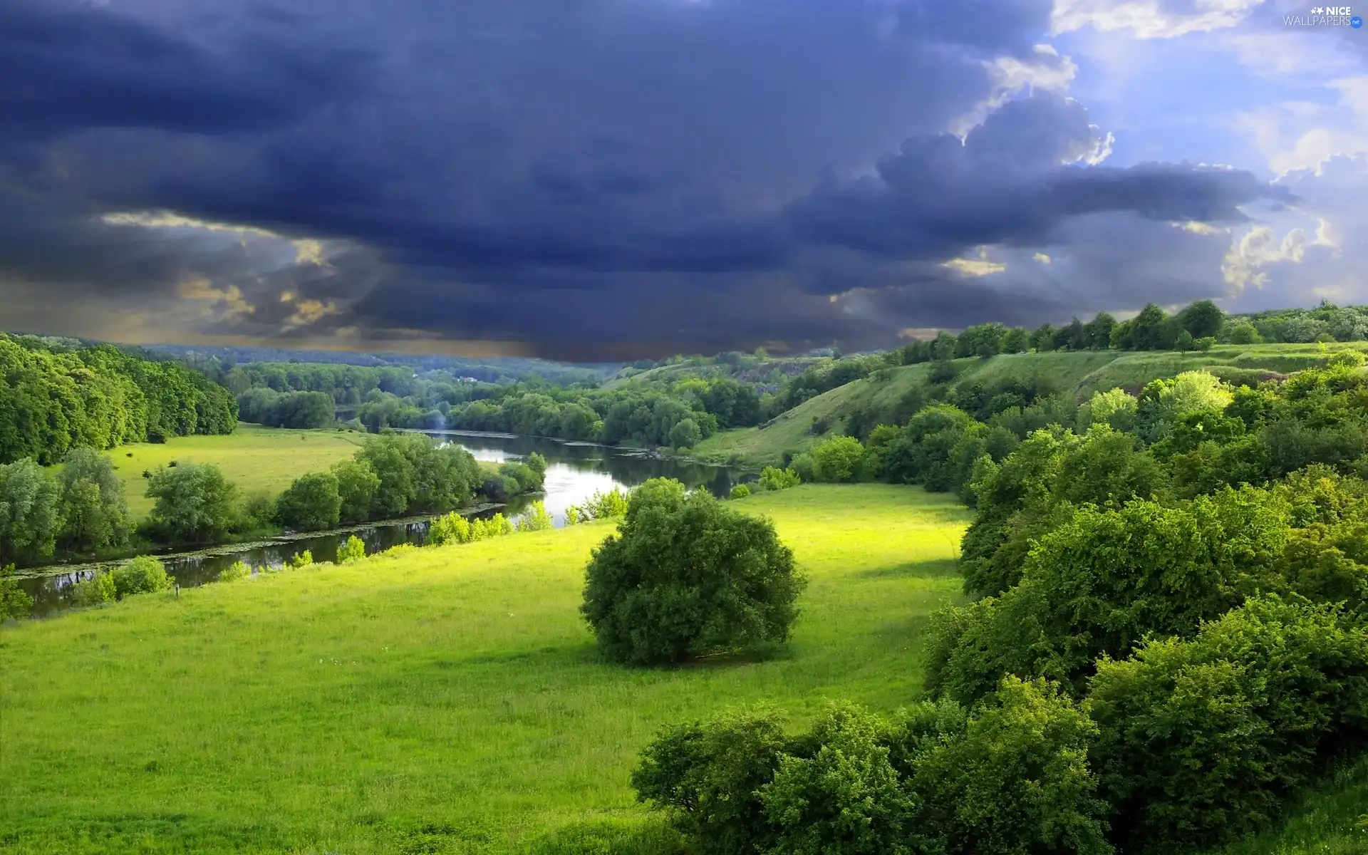 viewes, River, storm, Sky, Meadow, trees