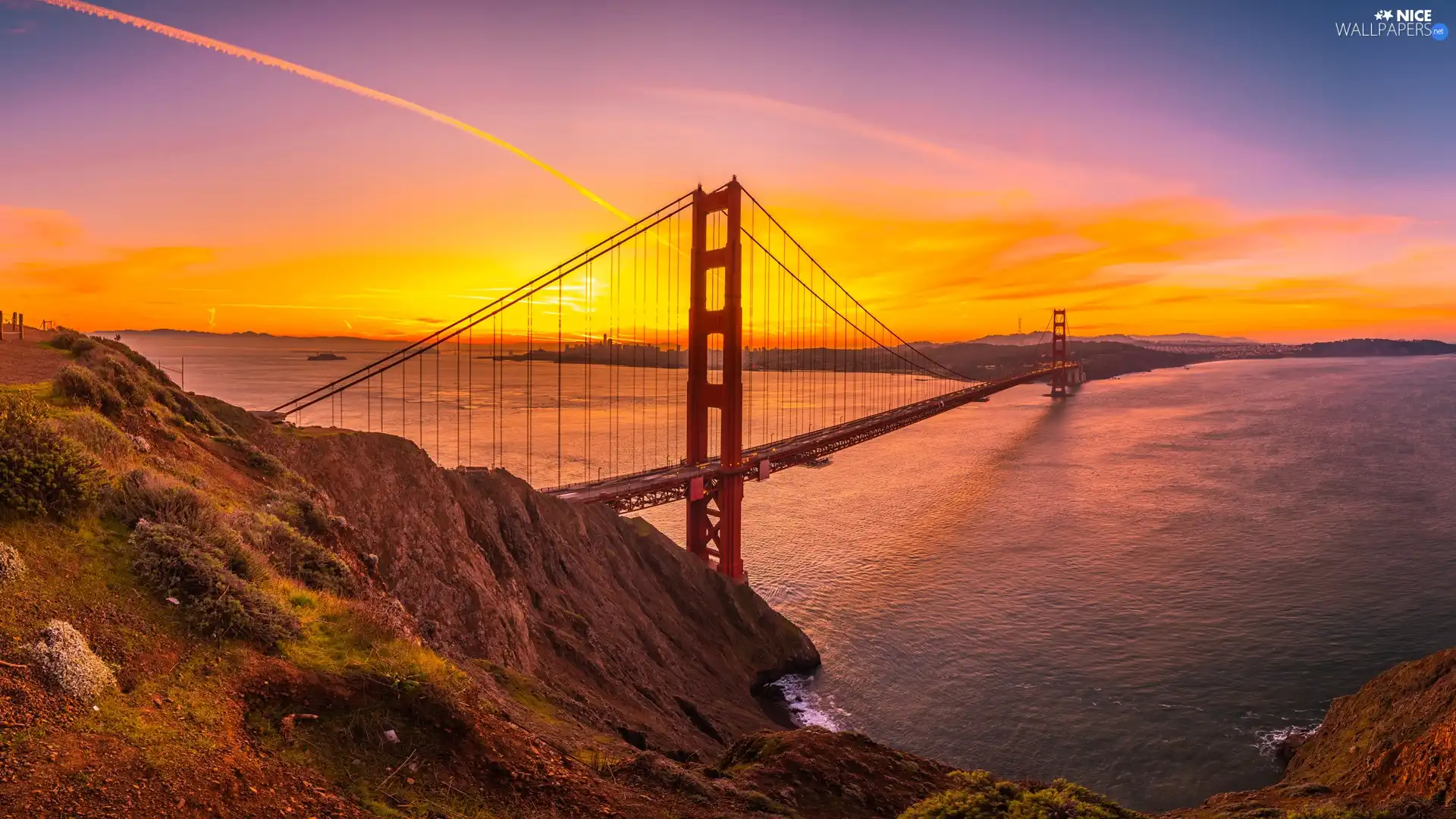 bridge, State of California, Golden Gate Strait, rocks, The United States, Golden Gate Bridge, Great Sunsets