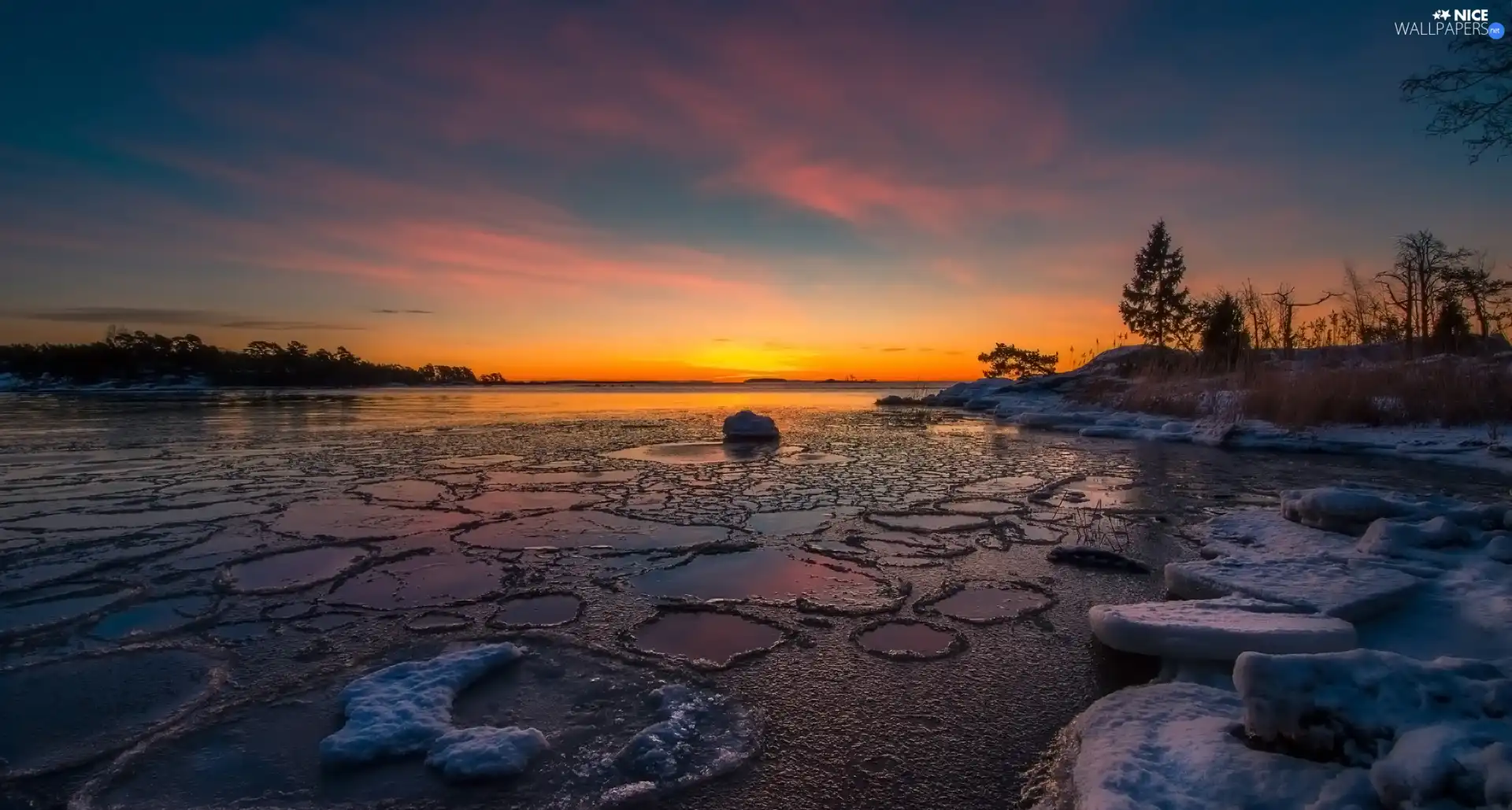 Finland, Kallahti Cape, winter, Gulf, viewes, Sunrise, Icecream, trees, Baltic Sea