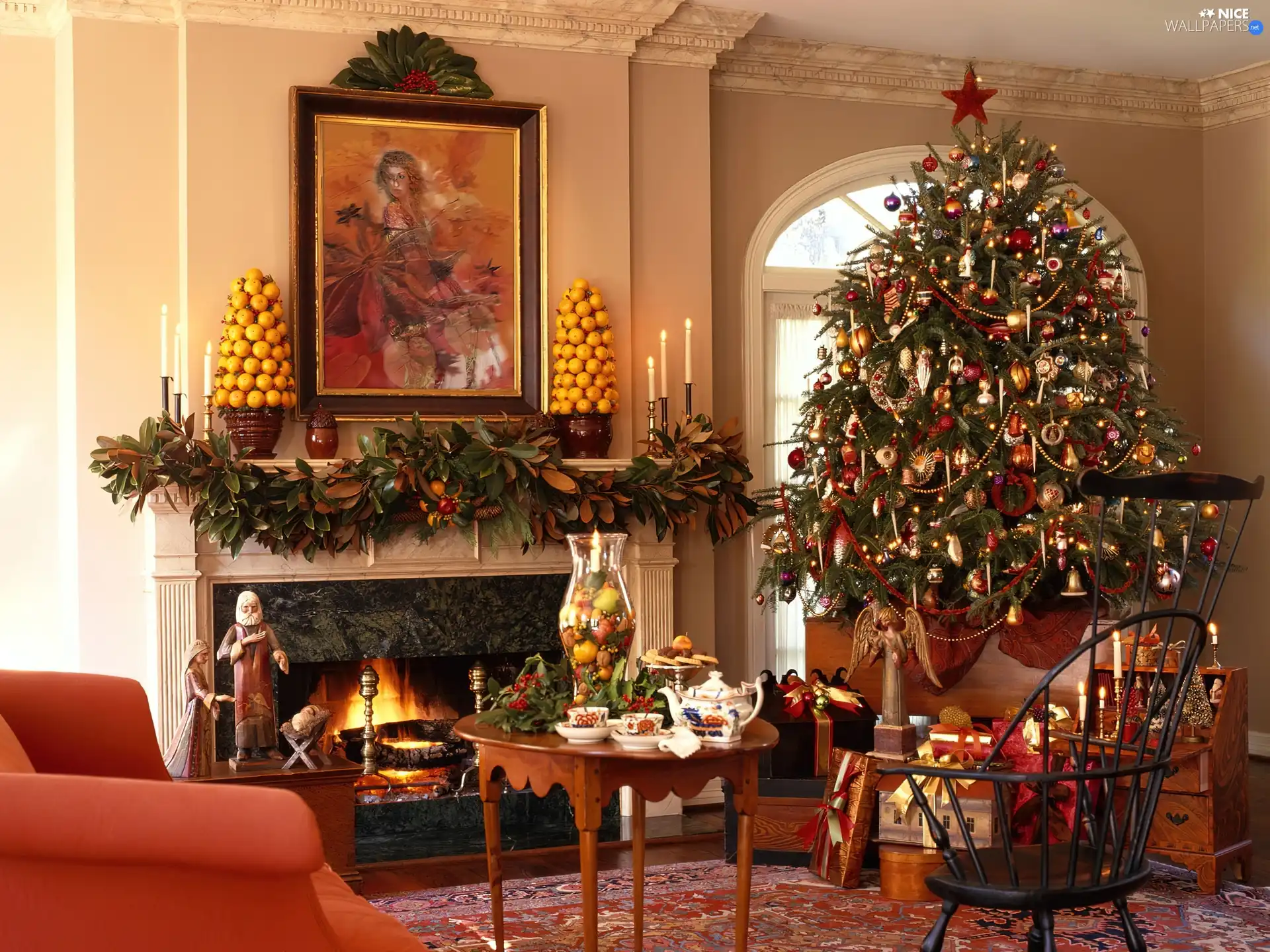christmas tree, burner chimney, table, gifts