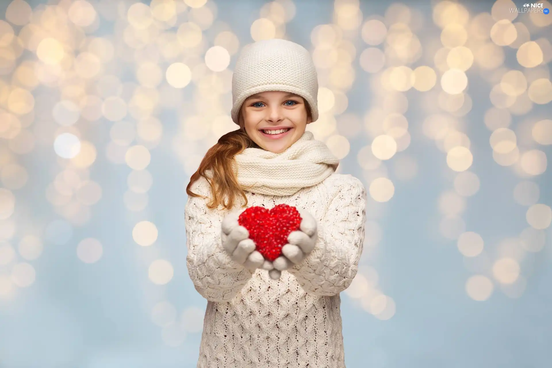 sweater, girl, hands, White, smiling, Hat, Heart teddybear