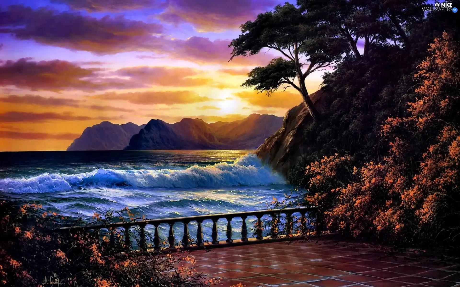 sea, Great Sunsets, terrace, Mountains