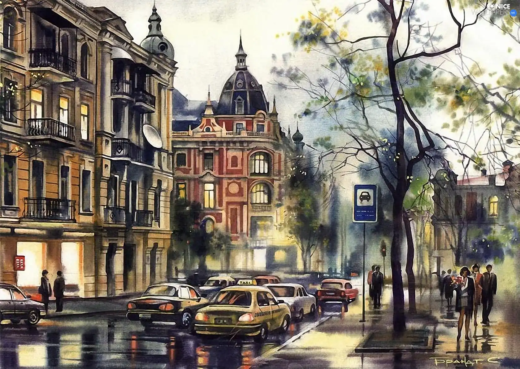 Street, painting, Town, Houses