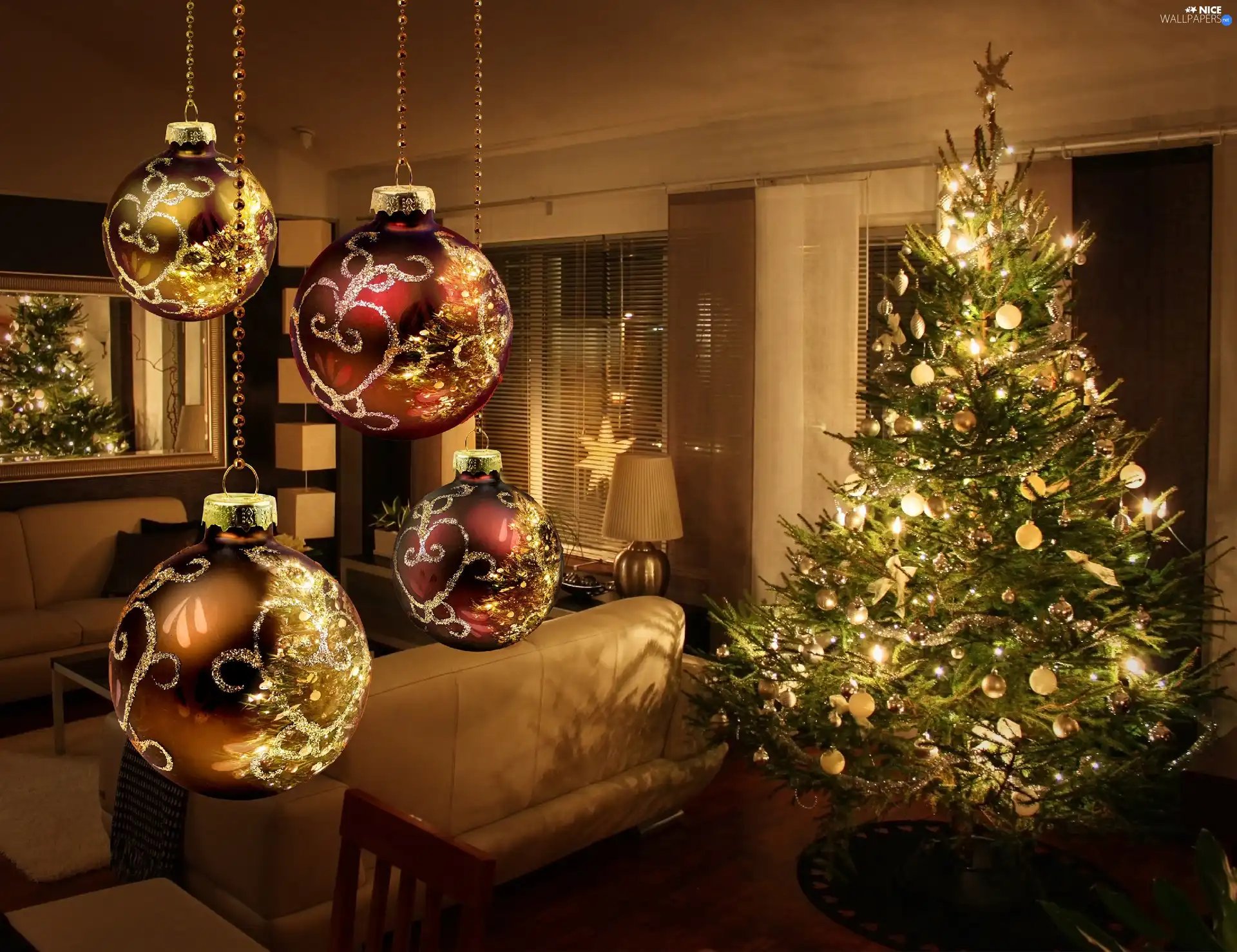 christmas tree, baubles, Sofa, wine glass, Room