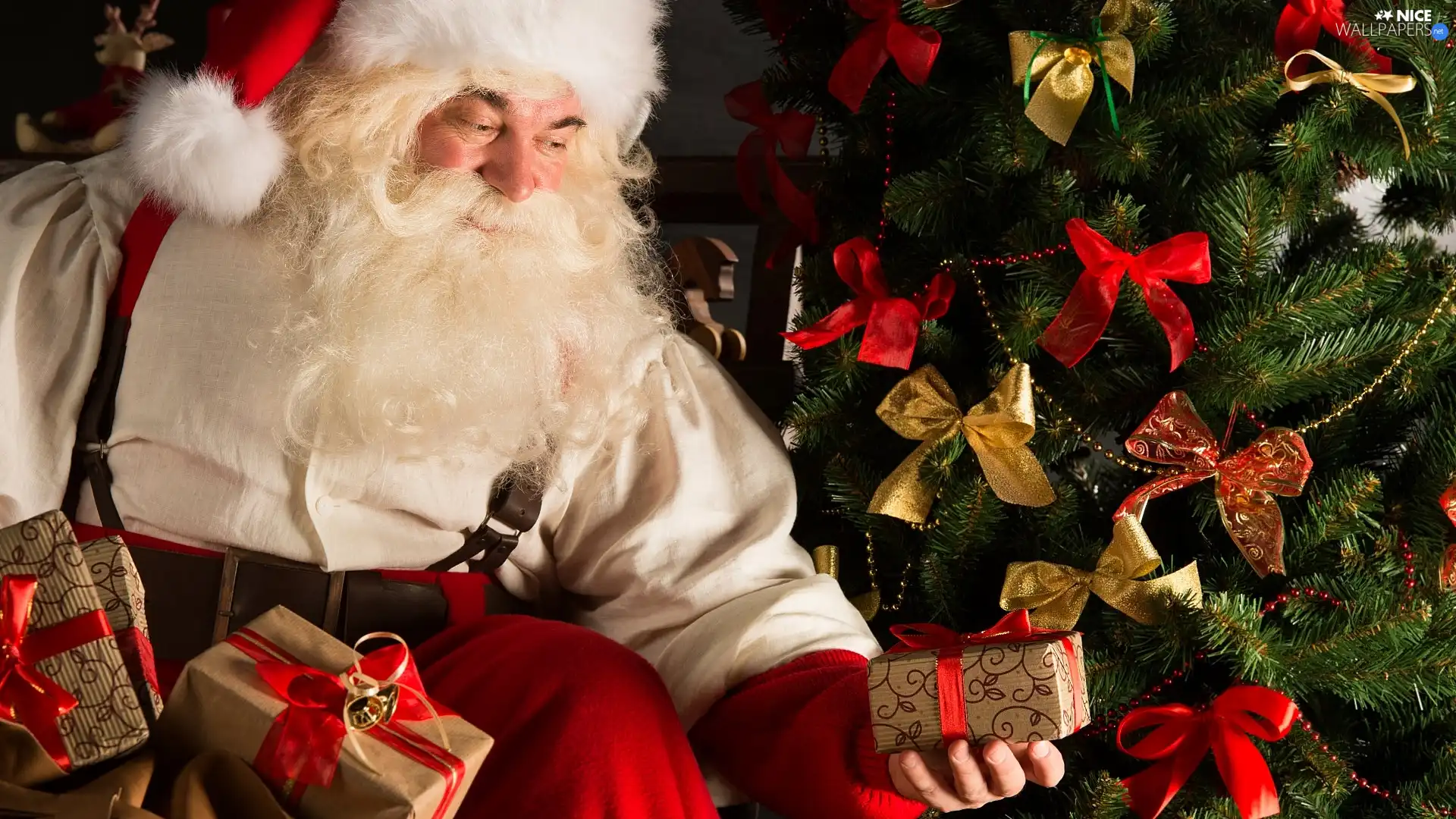Santa Claus, christmas tree, Christmas, gifts