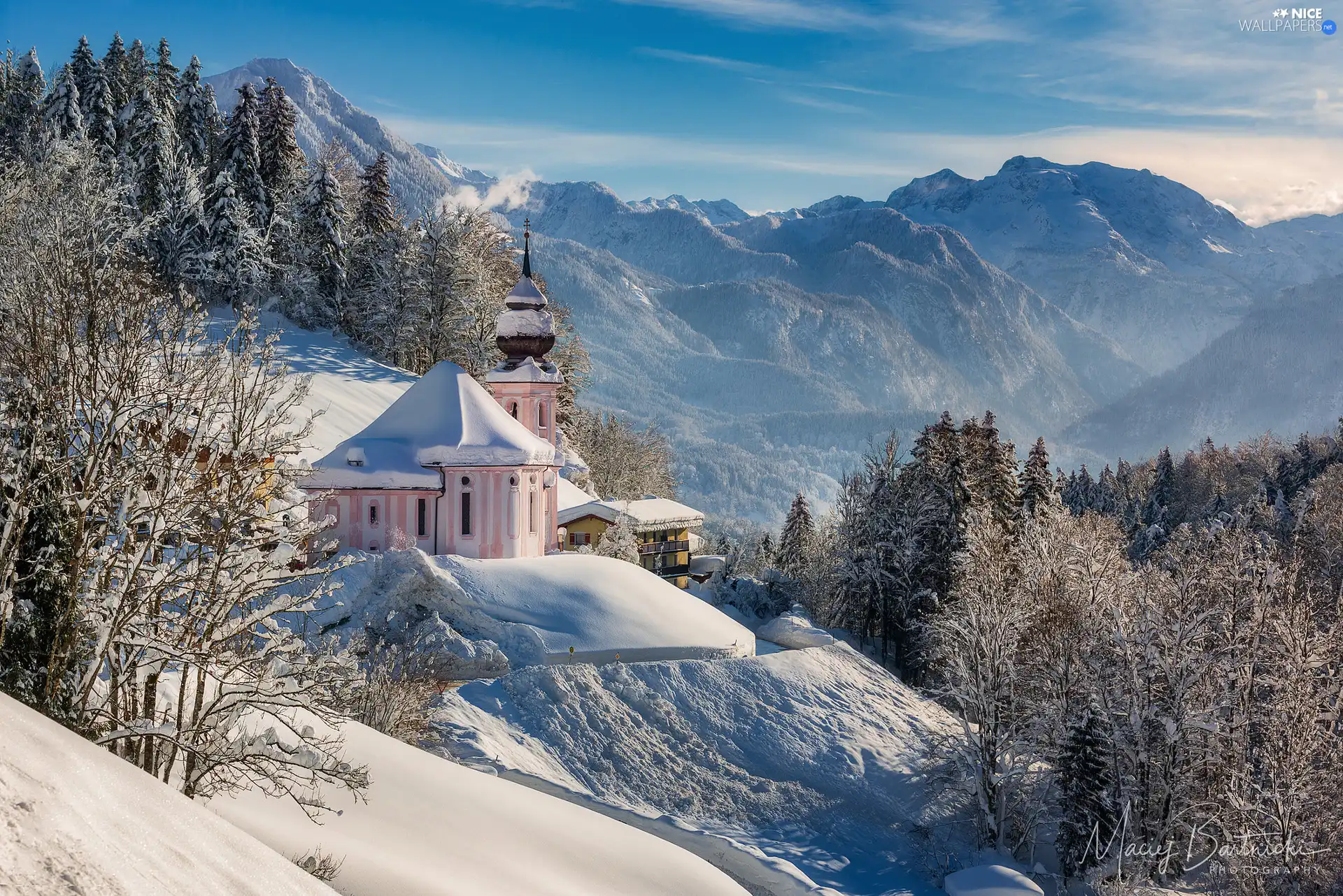 Sanctuary of Maria Gern, Salzburg Slate Alps, trees, Bavaria, viewes, Mountains, Church, Germany, Berchtesgaden, winter