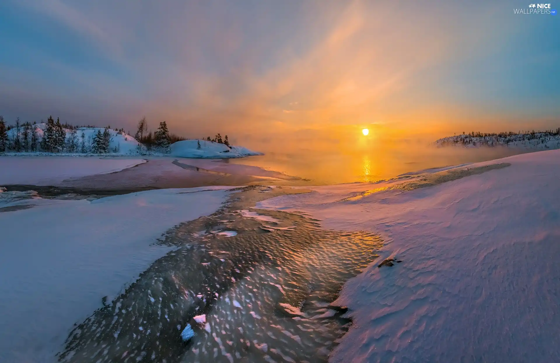 trees, viewes, Russia, Fog, Karelia, Lake Ladoga, winter, Sunrise