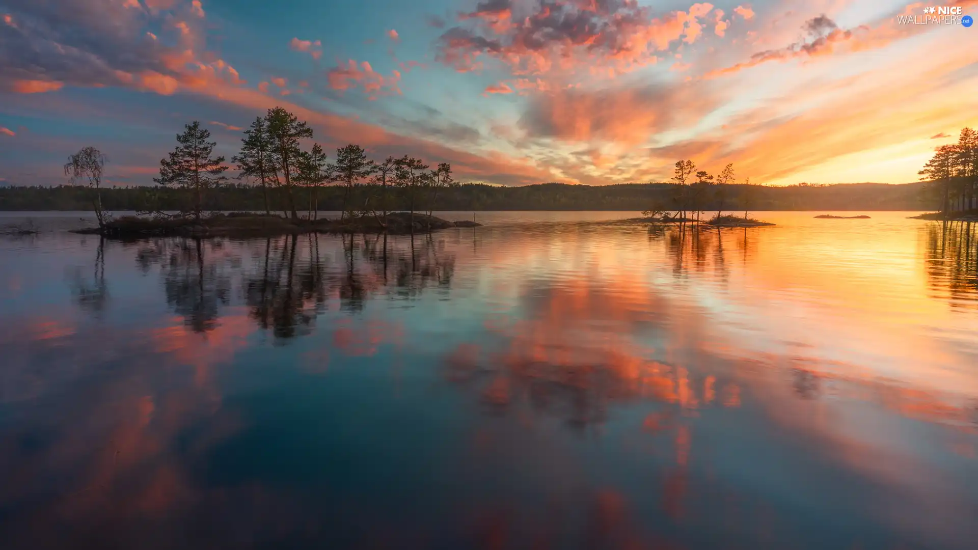 trees, viewes, Norway, Great Sunsets, Ringerike, lake, Islets, clouds