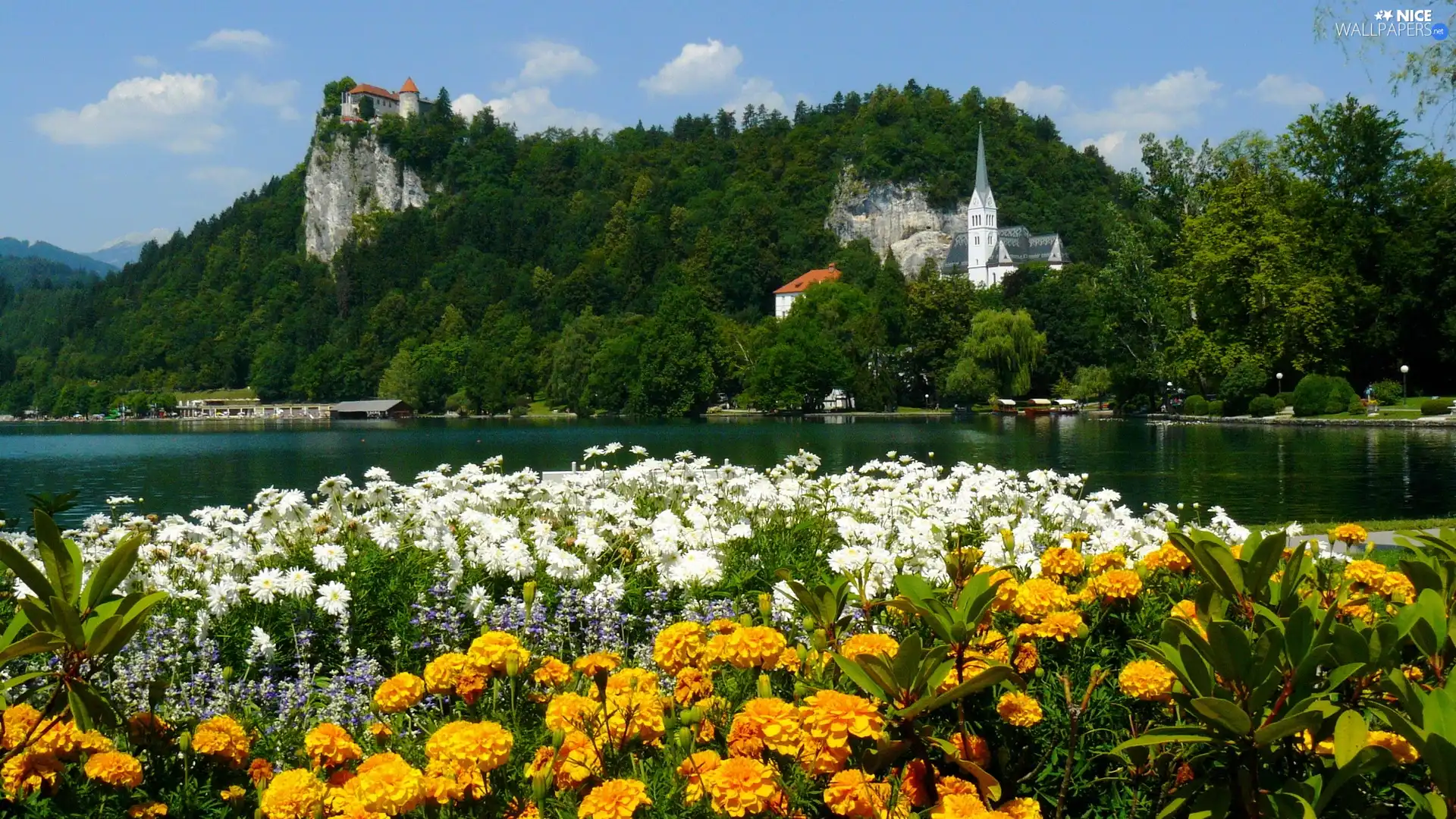 trees, viewes, Castles, Flowers, River
