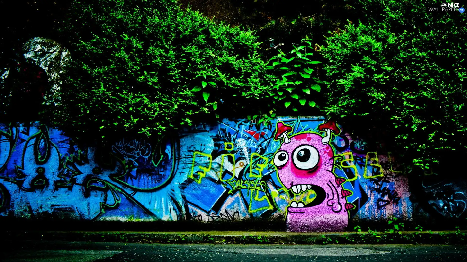trees, viewes, wall, Graffiti, Street