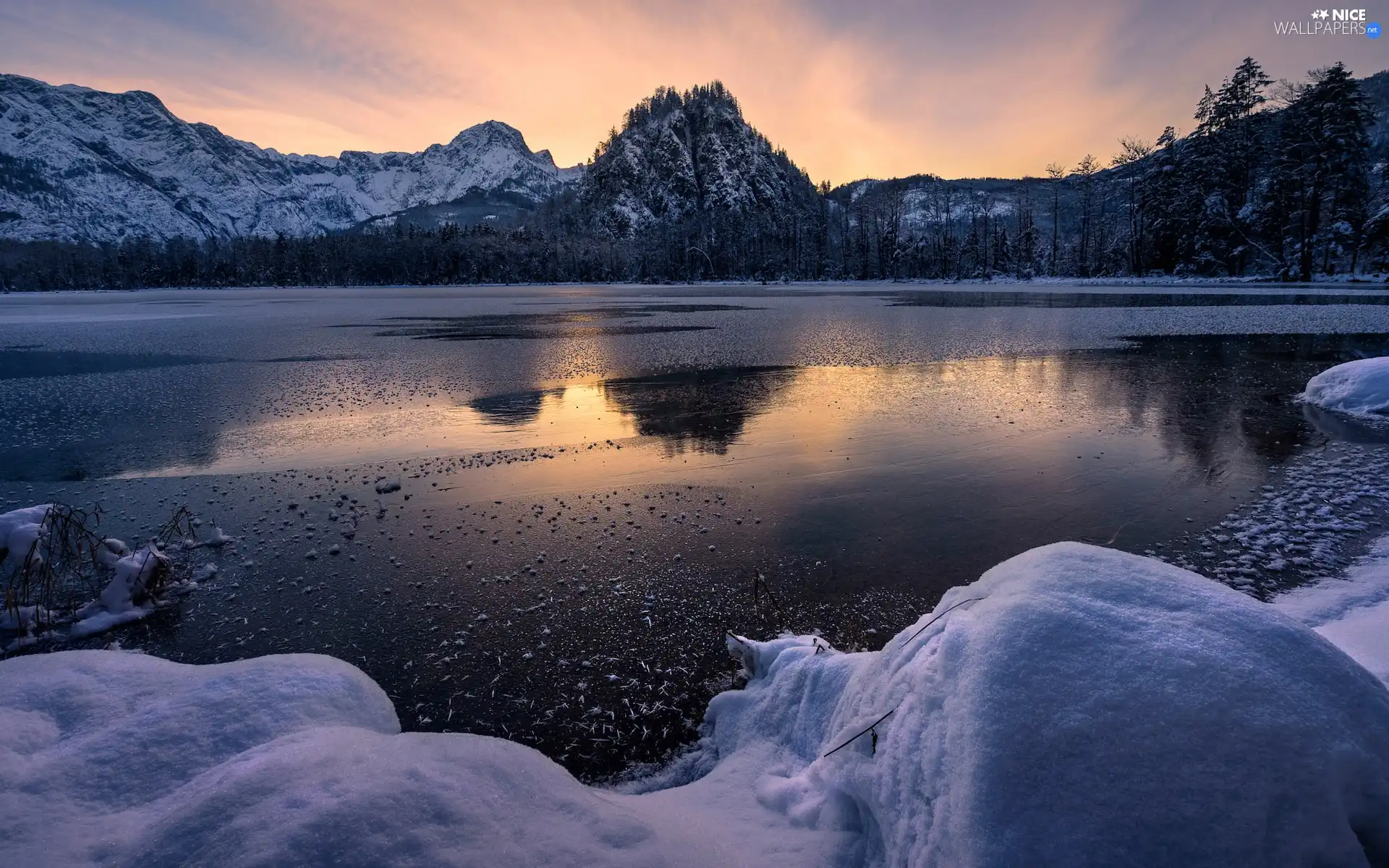 trees, Almsee Lake, Great Sunsets, Mountains, winter, viewes, Austria