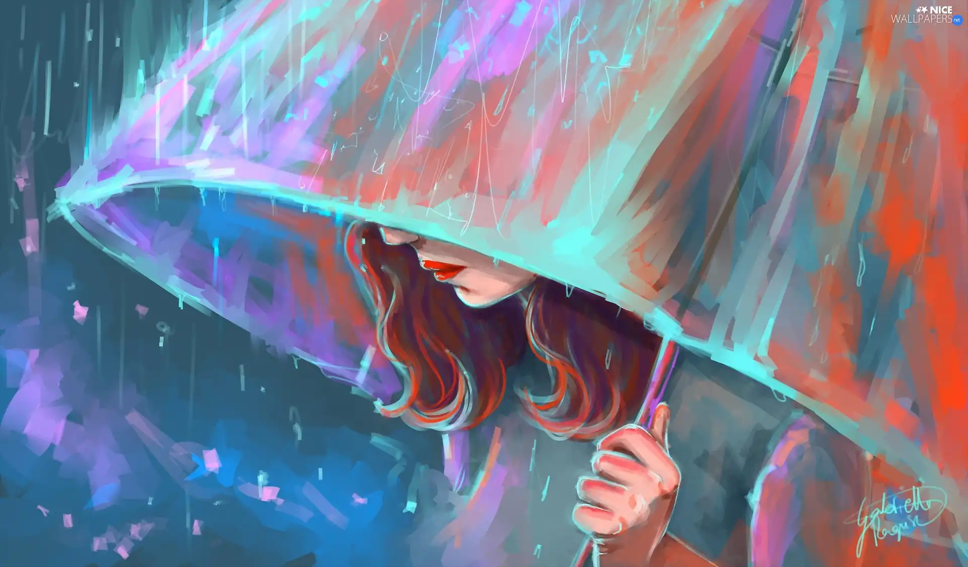 girl, graphics, umbrella, Rain, Umbrella, redhead