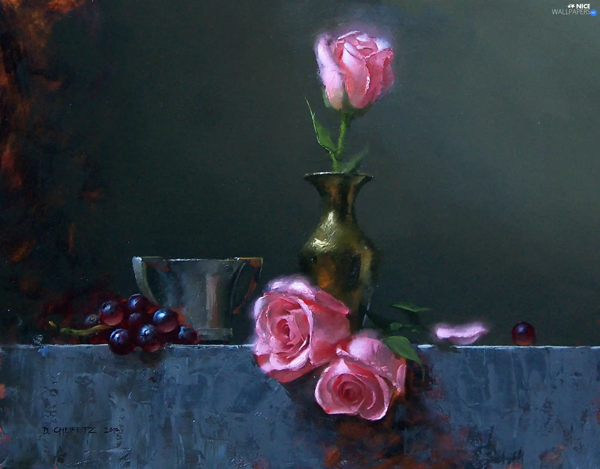 picture, roses, vase, Grapes