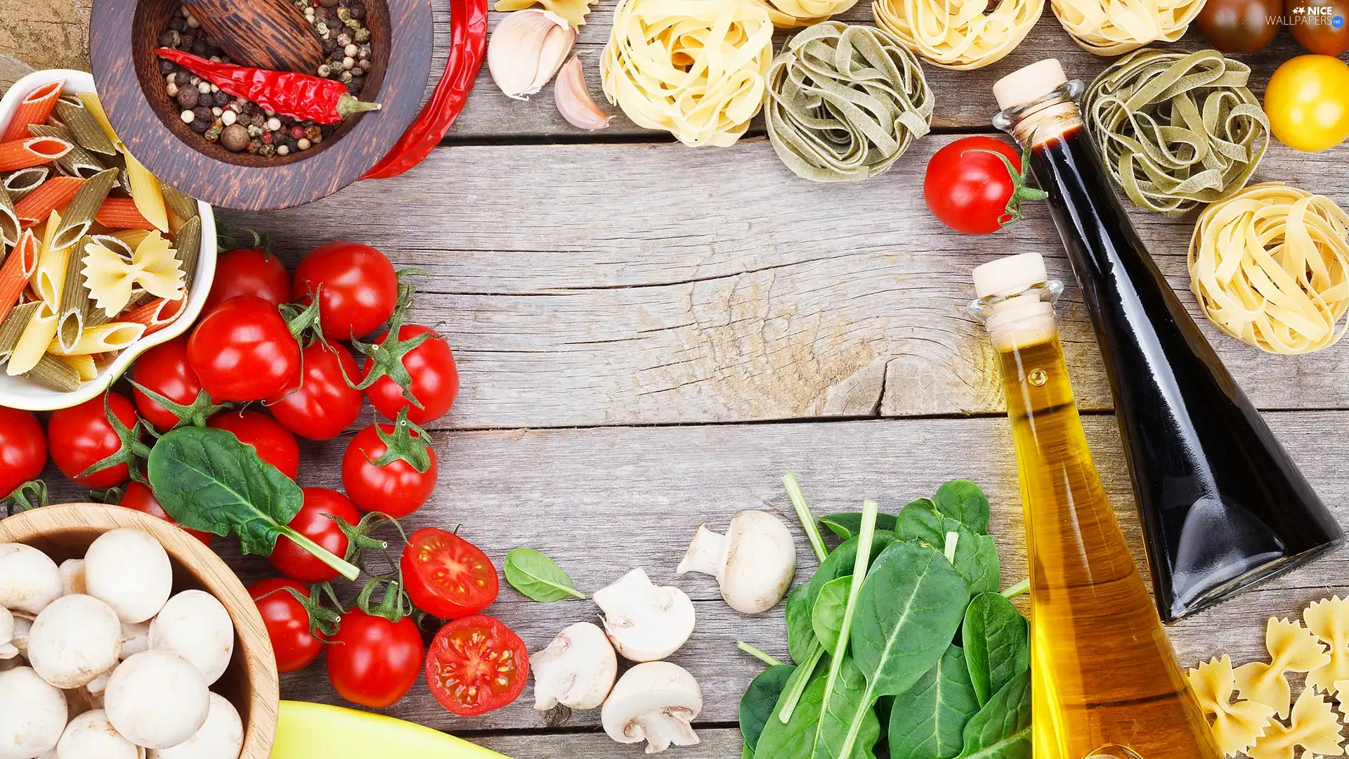 vegetables, Pasta, tomatoes, Mushrooms, spaghetti, boarding, oil, Components, spinach