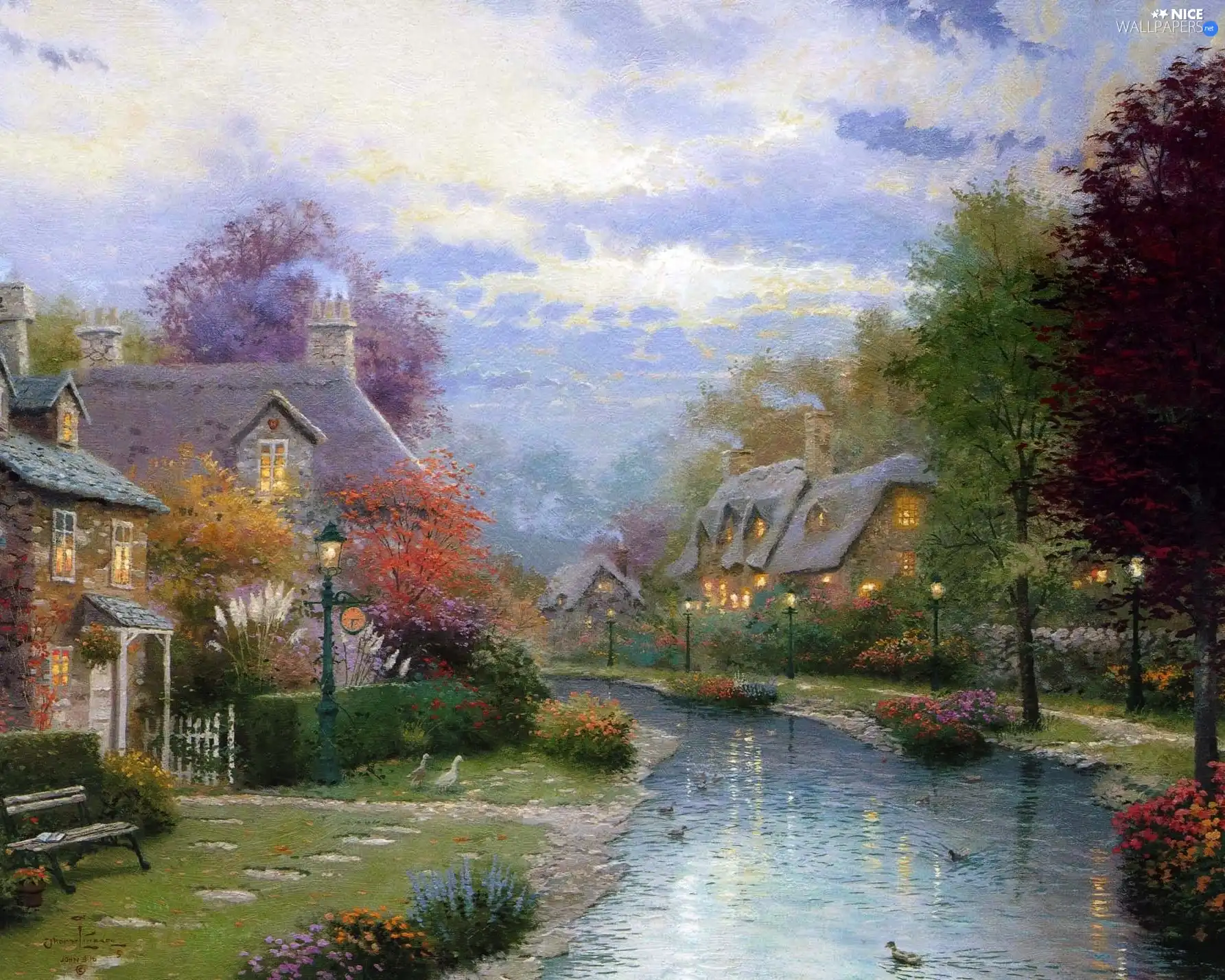 Houses, Flowers, view, brook