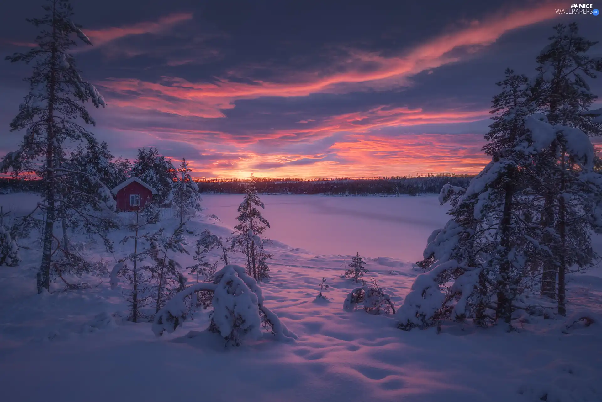 clouds, trees, house, Ringerike, snowy, winter, viewes, Norway, Great Sunsets, lake