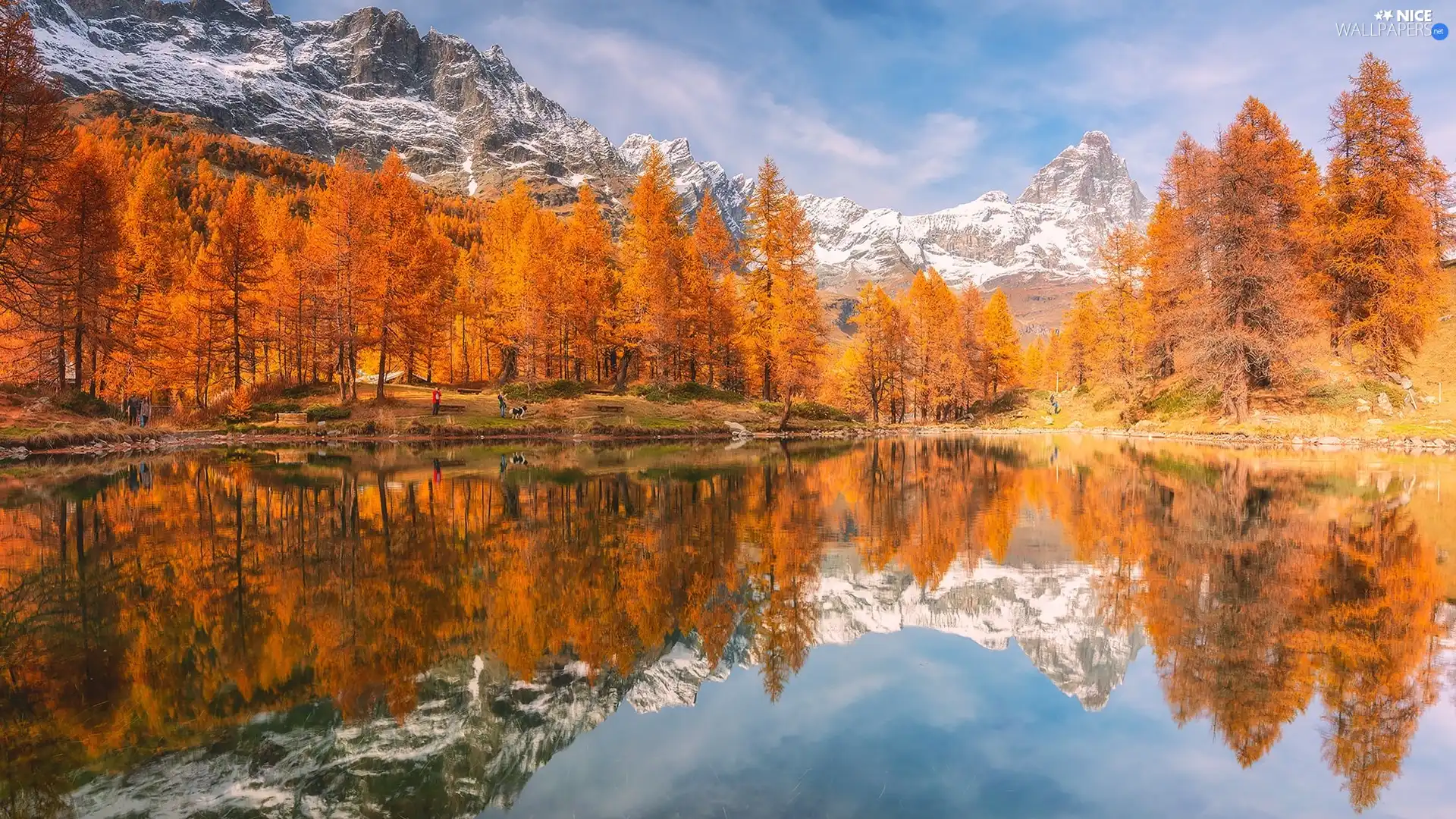 peaks, lake, reflection, trees, autumn, Snowy, Mountains, viewes