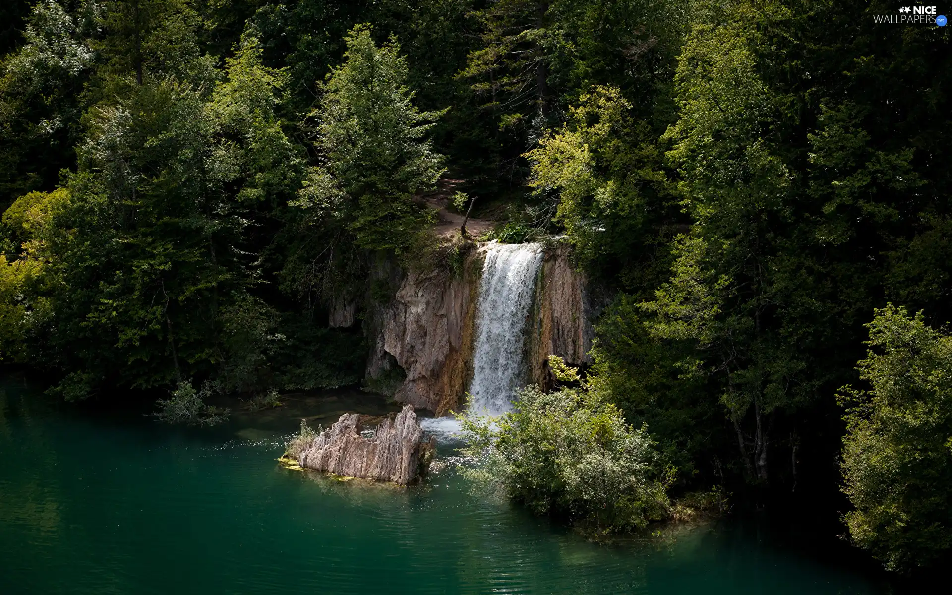 trees, viewes, waterfall, rocks, lake