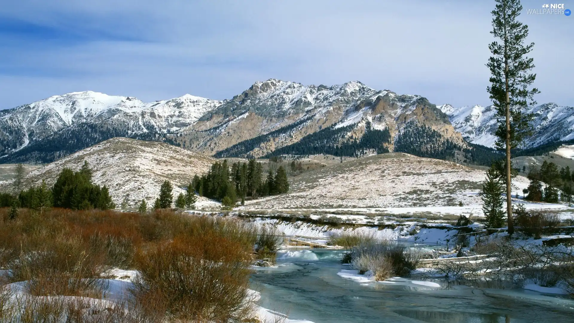 viewes, winter, River, trees, Mountains