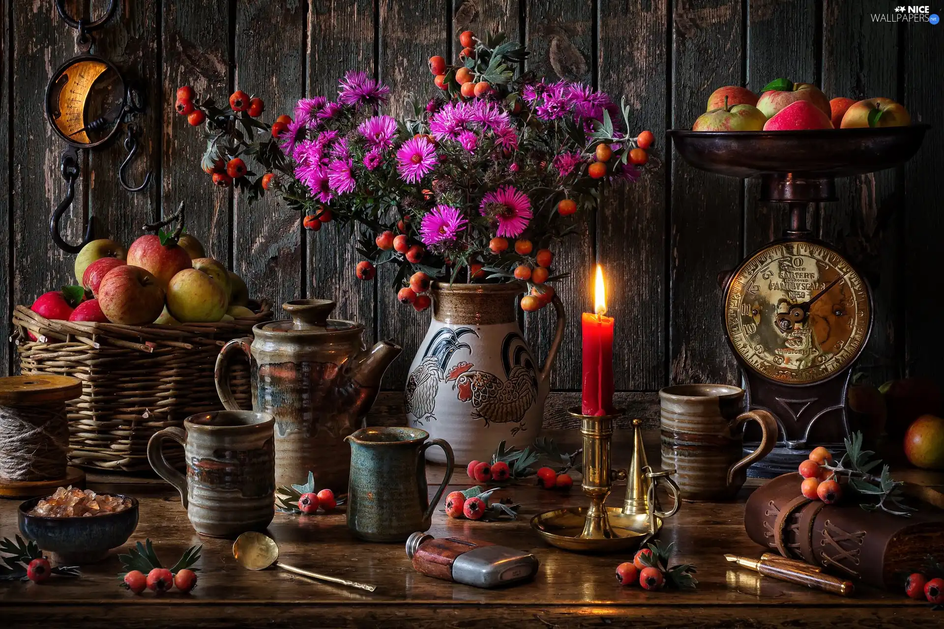 weight, candle, service, Astra, basket, composition, teapot, Vase, Flowers, apples