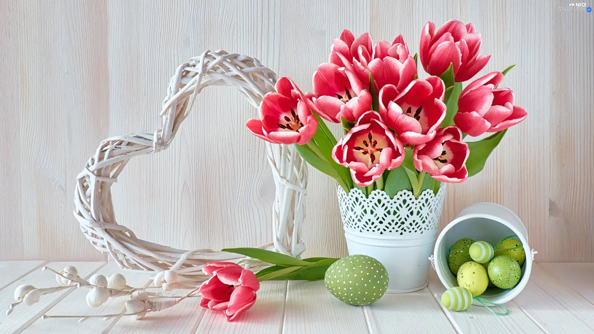 Vase, Bucket, Easter, eggs, Heart, White, Tulips, wicker