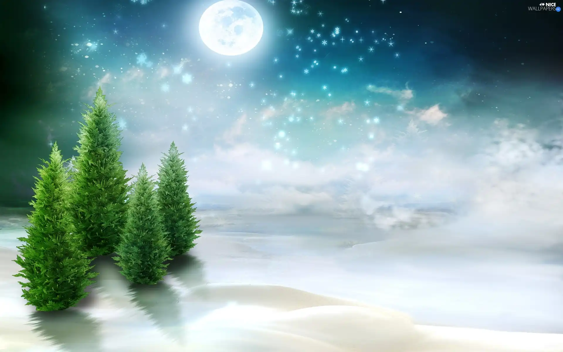 Christmas, moon, winter, snow