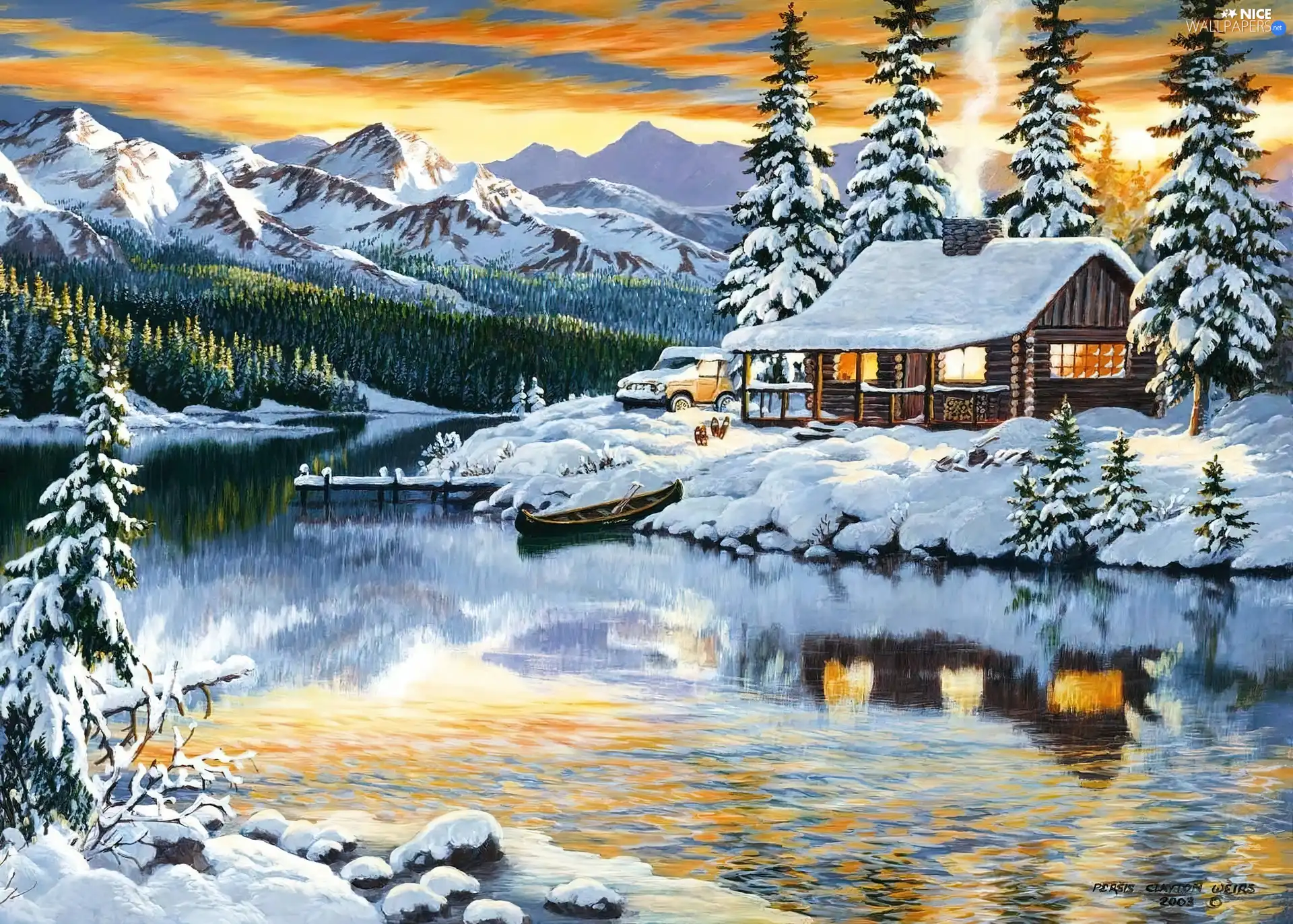 lake, Mountains, winter, house