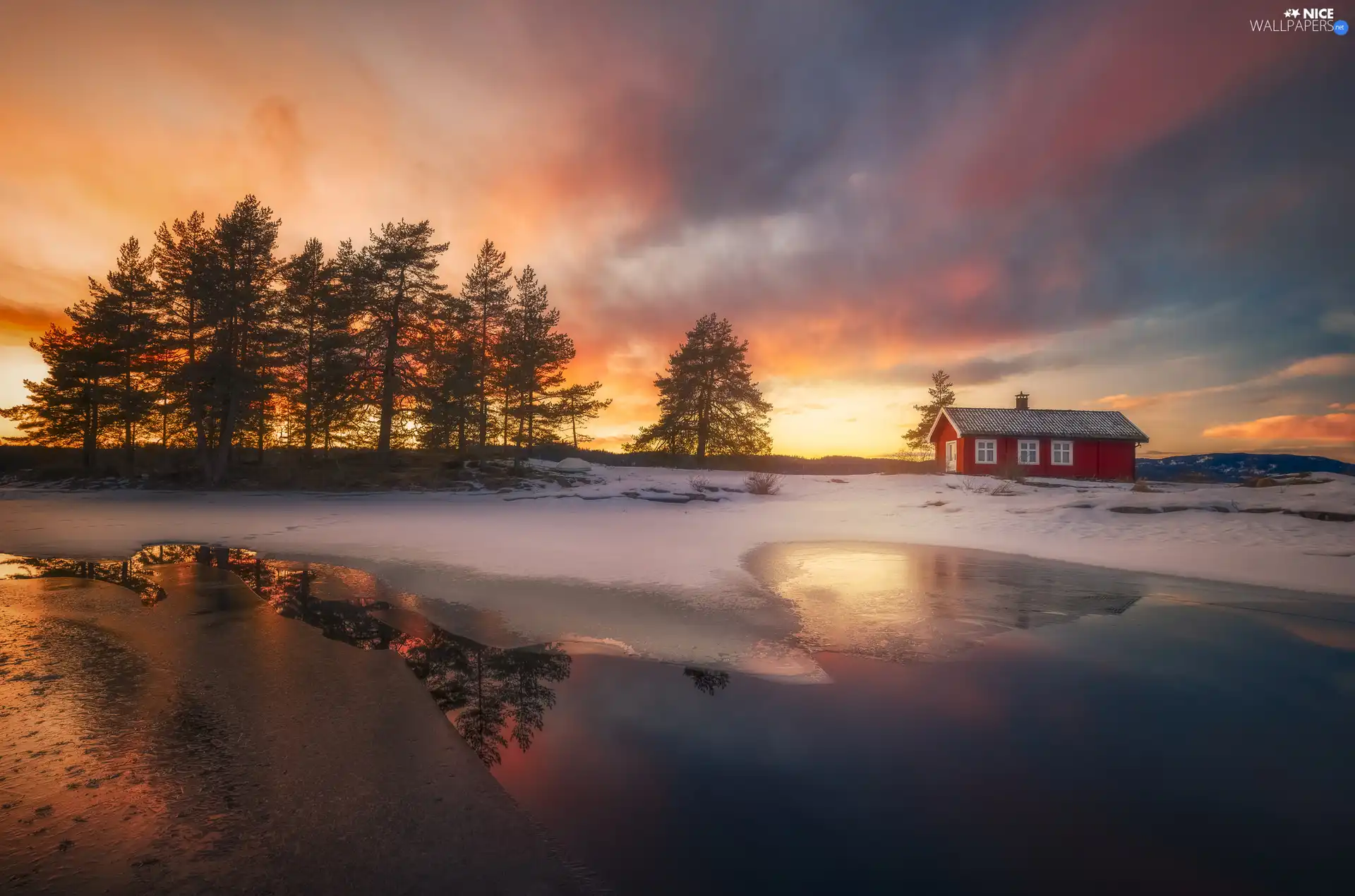 winter, lake, viewes, Home, trees, Norway, Ringerike, Great Sunsets