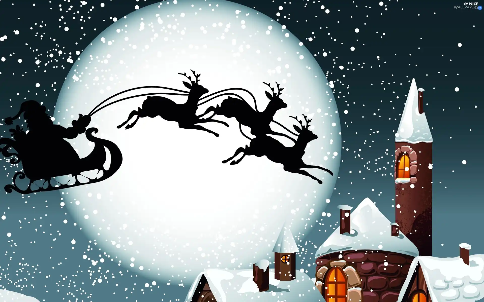 Santa, house, winter, sleigh
