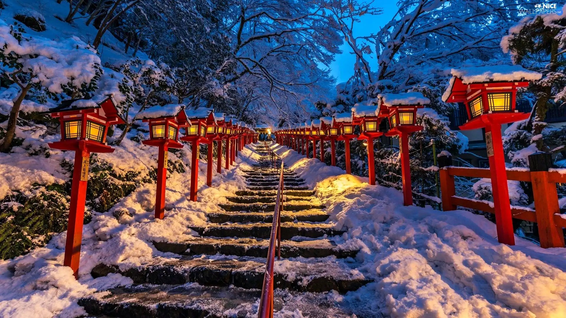 lighting, icy, snow, winter, Lamps, Stairs