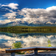 lake, Mountains, bench, forest
