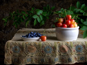 Table, cherries, blueberries, tablecloth